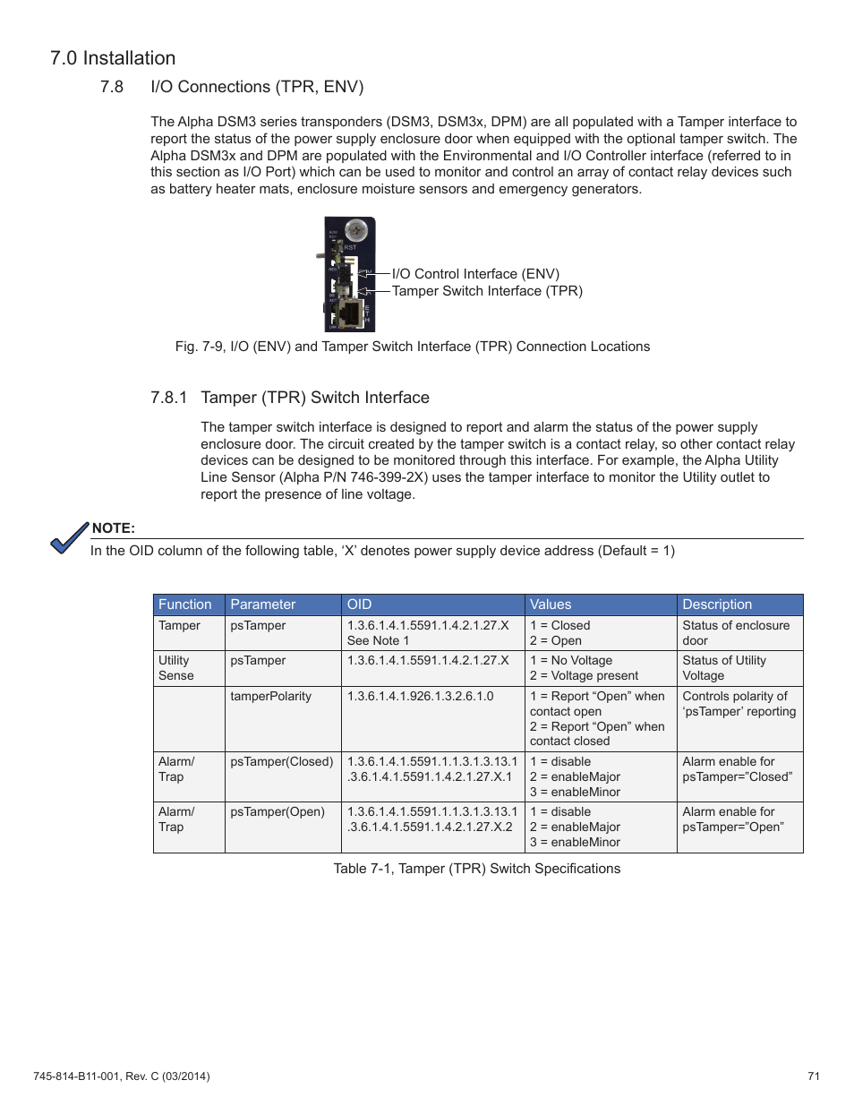 Table 7-1, tamper (tpr) switch specifications, 8 i/o connections (tpr, env), 1 tamper (tpr) switch interface | 0 installation | Alpha Technologies DSM3 for XM3 - Technical Manual User Manual | Page 71 / 106