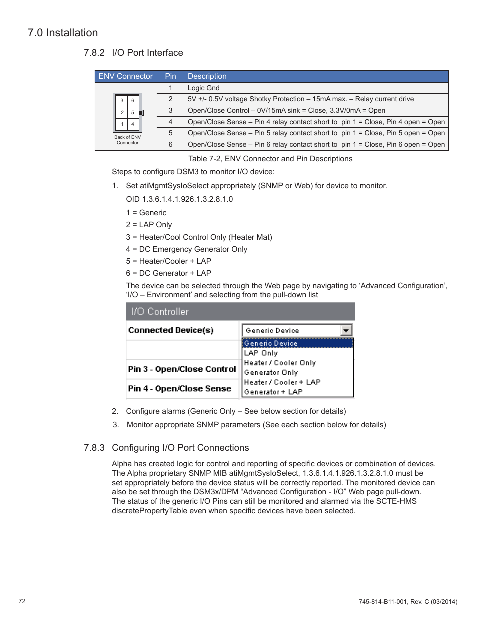 Table 7-2, env connector and pin descriptions, 2 i/o port interface, 3 configuring i/o port connections | 0 installation | Alpha Technologies DSM3 for XM3 - Technical Manual User Manual | Page 72 / 106