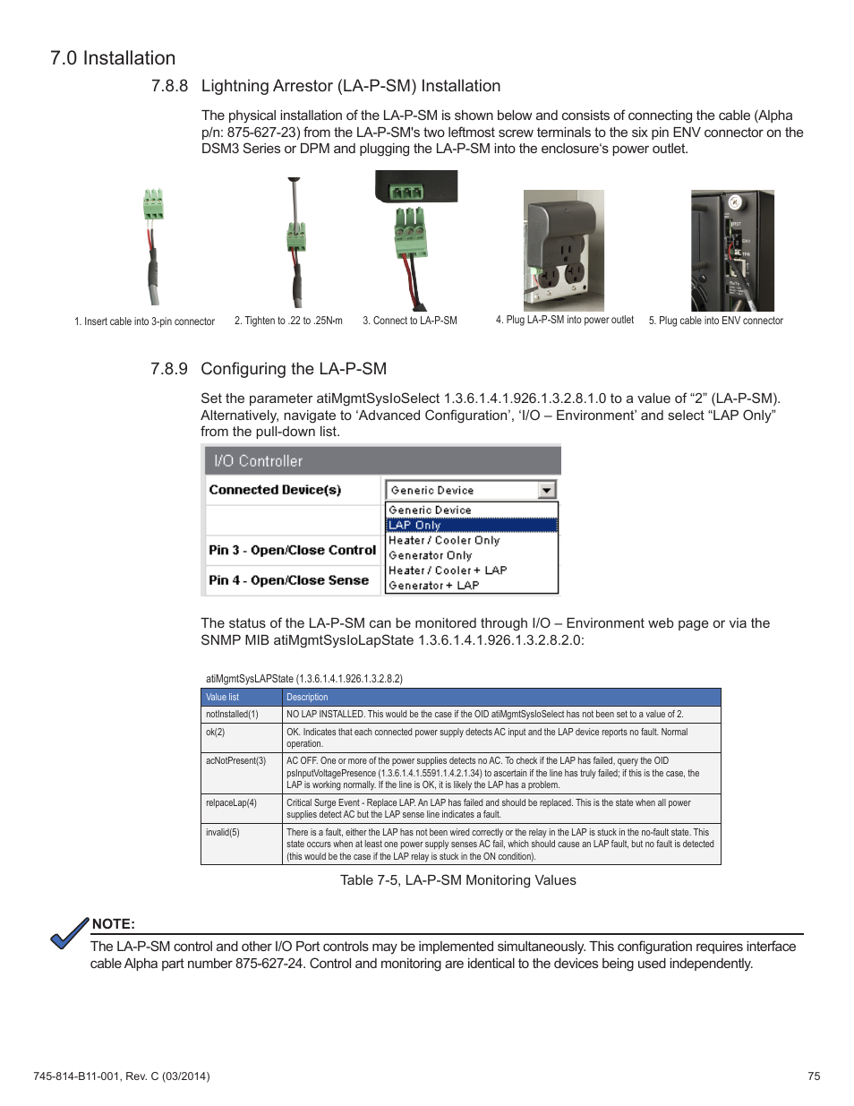 Table 7-5, la-p-sm monitoring values, 8 lightning arrestor (la-p-sm) installation, 9 configuring the la-p-sm | 0 installation | Alpha Technologies DSM3 for XM3 - Technical Manual User Manual | Page 75 / 106