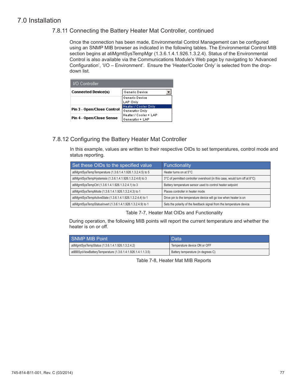 Table 7-7, heater mat oids and functionality, Table 7-8, heater mat mib reports, 12 configuring the battery heater mat controller | 11 connecting the battery heater mat controller, 0 installation | Alpha Technologies DSM3 for XM3 - Technical Manual User Manual | Page 77 / 106