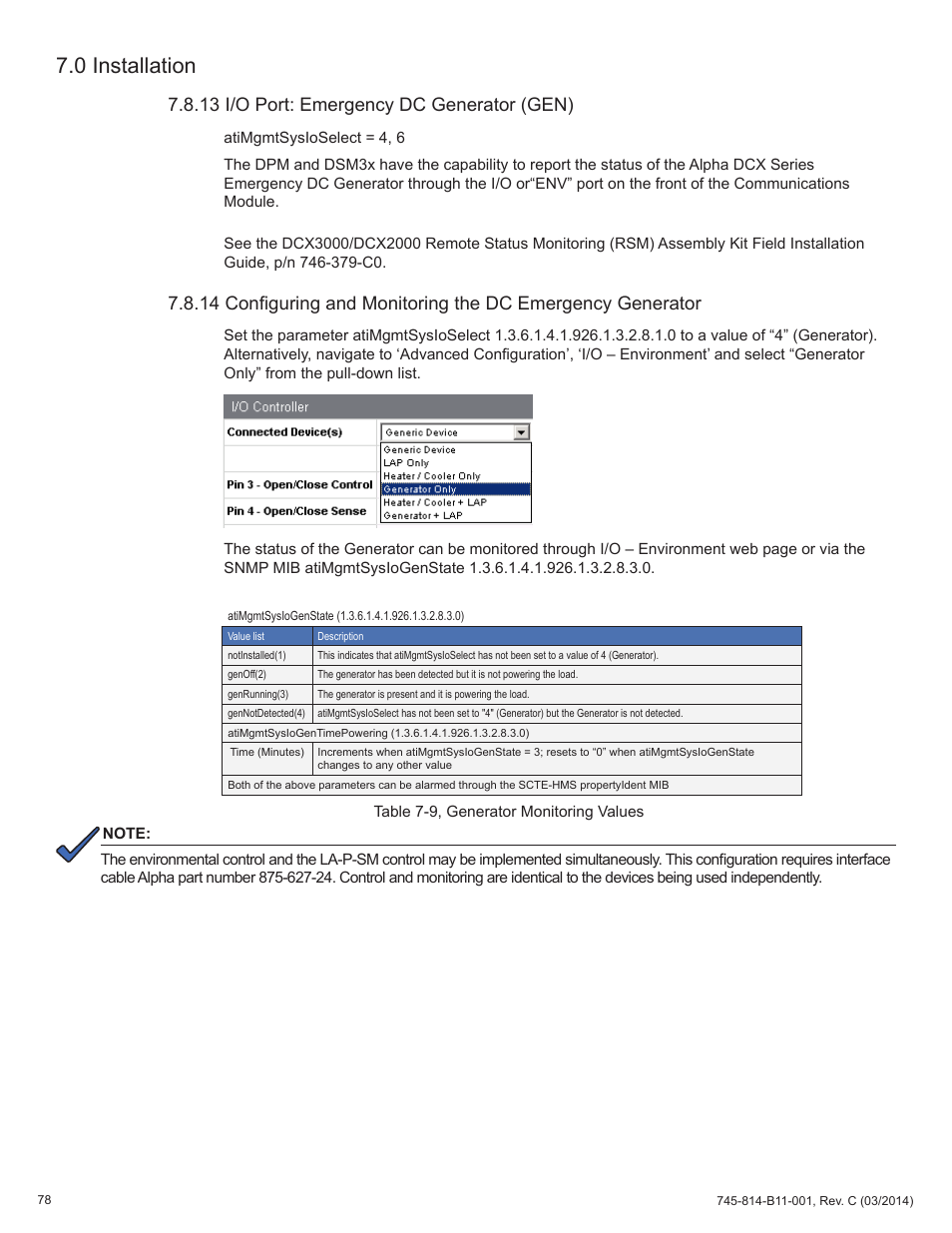 Table 7-9, generator monitoring values, 13 i/o port: emergency dc generator (gen), 0 installation | Alpha Technologies DSM3 for XM3 - Technical Manual User Manual | Page 78 / 106