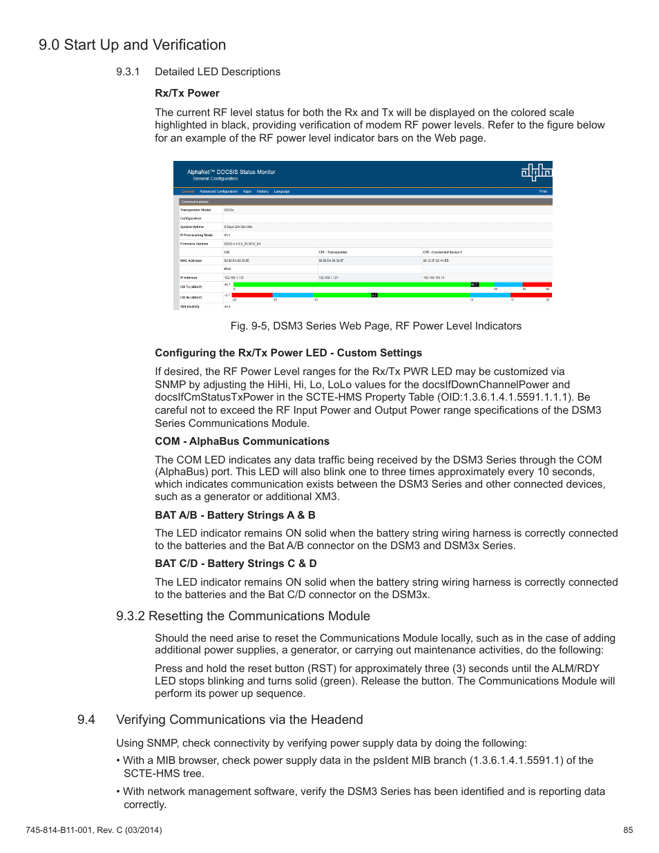 2 resetting the communications module, 4 verifying communications via the headend, 0 start up and verification | Alpha Technologies DSM3 for XM3 - Technical Manual User Manual | Page 85 / 106