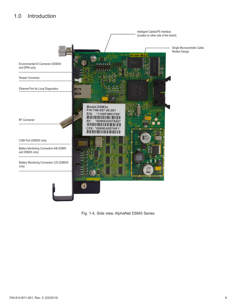 Fig. 1-4, side view, alphanet dsm3 series, 0 introduction | Alpha Technologies DSM3 for XM3 - Technical Manual User Manual | Page 9 / 106