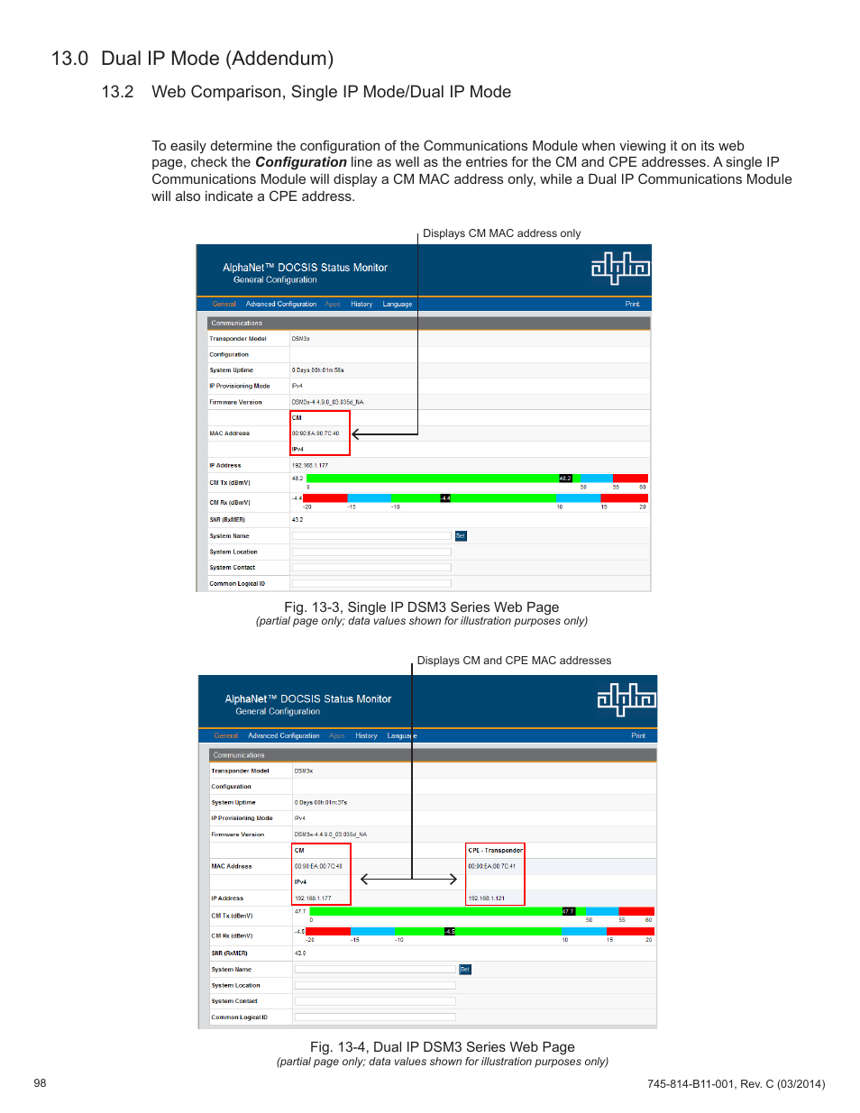 2 web comparison, single ip mode/dual ip mode, 0 dual ip mode (addendum) | Alpha Technologies DSM3 for XM3 - Technical Manual User Manual | Page 98 / 106
