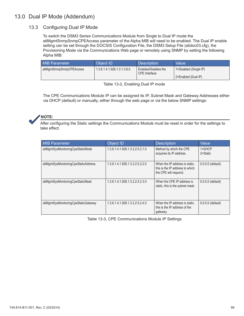 Table 13-2, enabling dual ip mode, Table 13-3, cpe communications module ip settings, 3 configuring dual ip mode | 0 dual ip mode (addendum) | Alpha Technologies DSM3 for XM3 - Technical Manual User Manual | Page 99 / 106