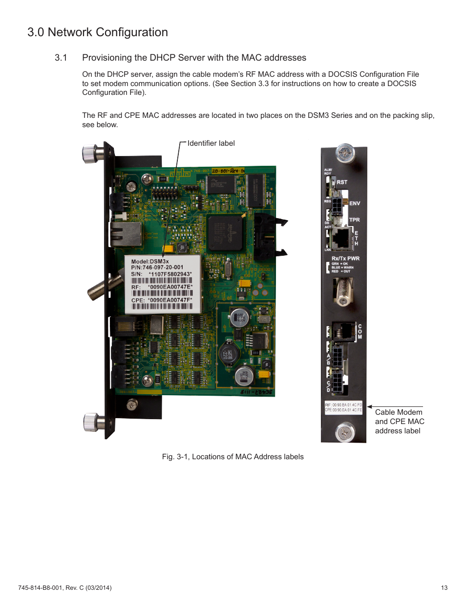 Fig. 3-1, locations of mac address labels, 0 network configuration | Alpha Technologies DSM3 for XM2 - Technical Manual User Manual | Page 13 / 95