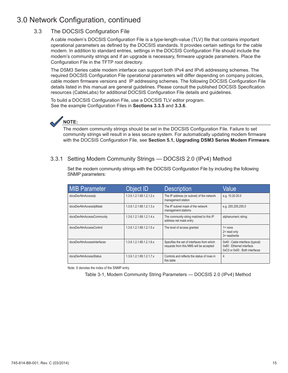 3 the docsis configuration file, 0 network configuration, continued, Mib parameter object id description value | Alpha Technologies DSM3 for XM2 - Technical Manual User Manual | Page 15 / 95