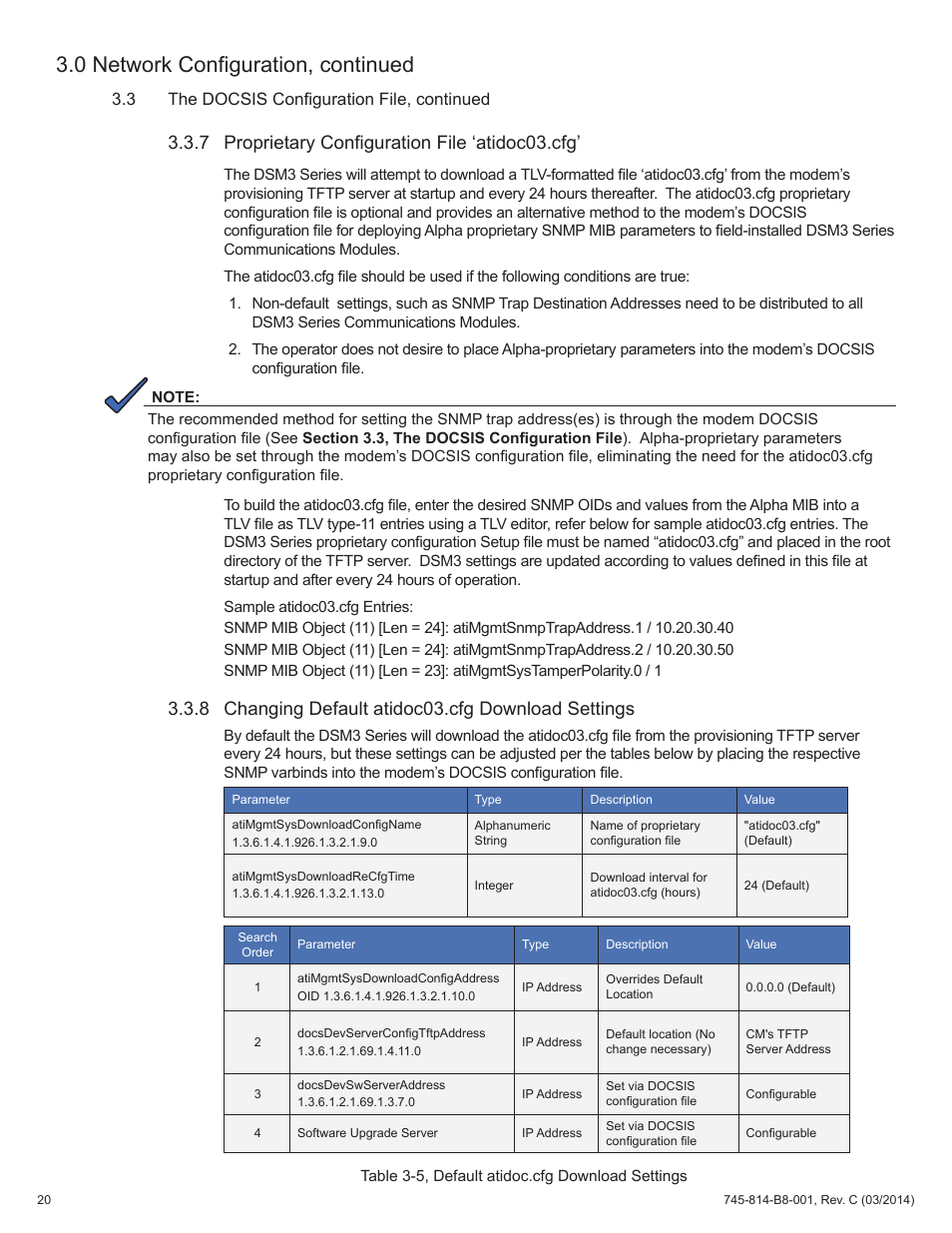 Table 3-5, default atidoc.cfg download settings, 7 proprietary configuration file ‘atidoc03.cfg, 8 changing default atidoc03.cfg download settings | 0 network configuration, continued, 3 the docsis configuration file, continued | Alpha Technologies DSM3 for XM2 - Technical Manual User Manual | Page 20 / 95