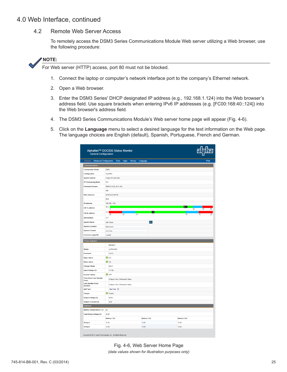 2 remote web server access, 0 web interface, continued | Alpha Technologies DSM3 for XM2 - Technical Manual User Manual | Page 25 / 95