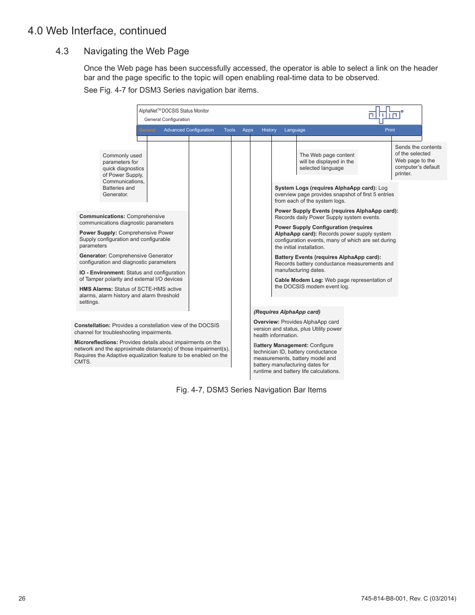 Fig. 4-7, dsm3 series navigation bar items, 0 web interface, continued, 3 navigating the web page | Alpha Technologies DSM3 for XM2 - Technical Manual User Manual | Page 26 / 95