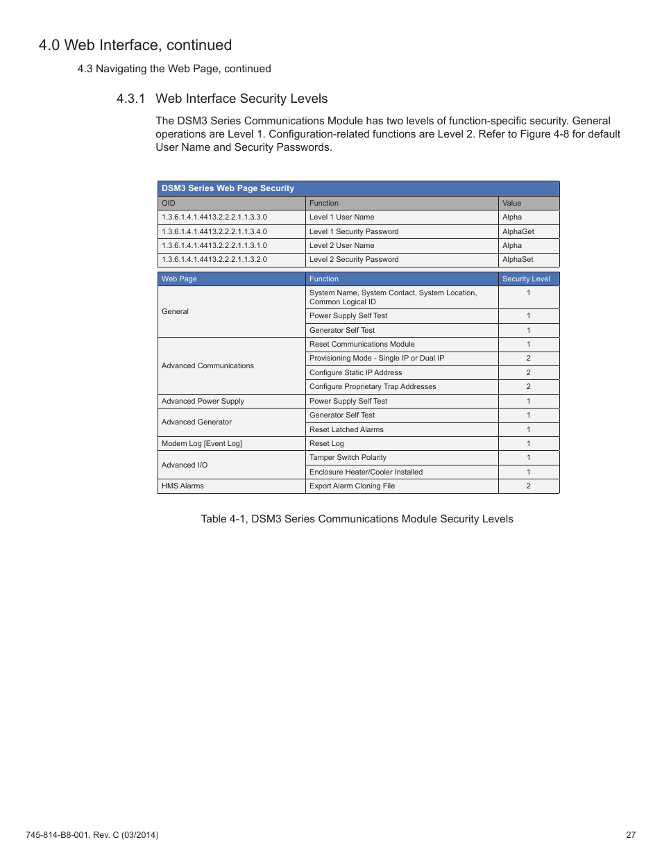 1 web interface security levels, 0 web interface, continued, 3 navigating the web page, continued | Alpha Technologies DSM3 for XM2 - Technical Manual User Manual | Page 27 / 95