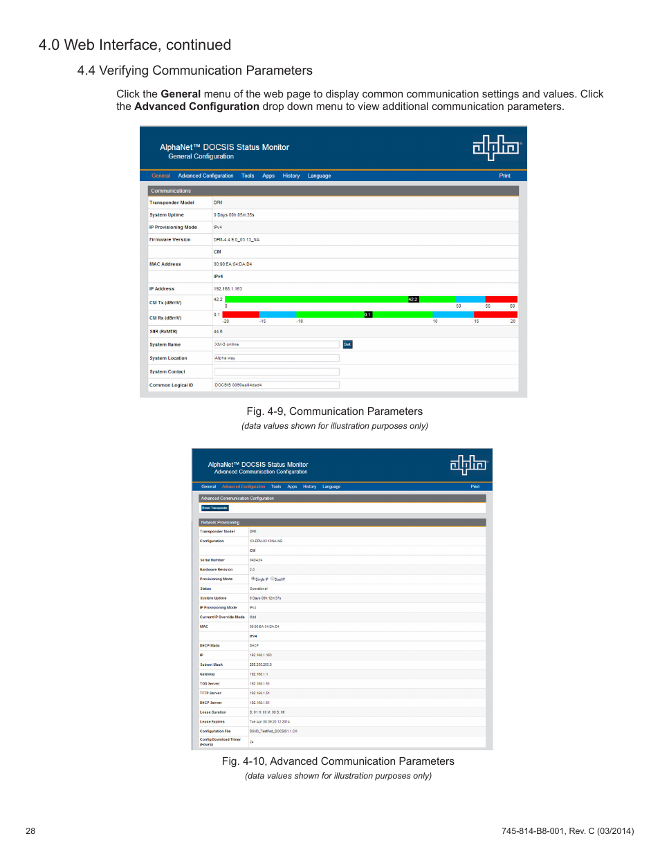 Fig. 4-9, communication parameters, Fig. 4-10, advanced communication parameters, 4 verifying communication parameters | 0 web interface, continued | Alpha Technologies DSM3 for XM2 - Technical Manual User Manual | Page 28 / 95