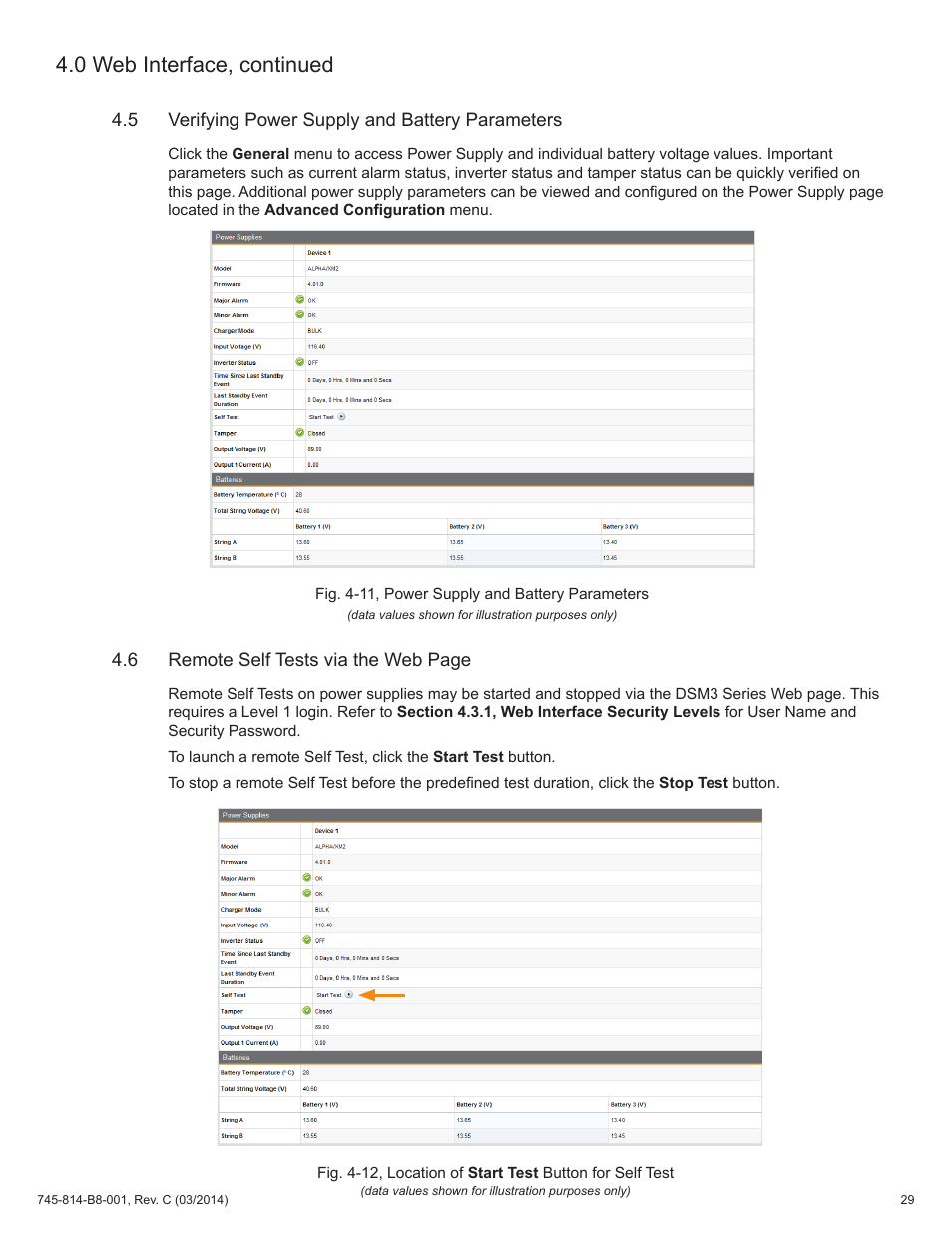 Fig. 4-11, power supply and battery parameters, 5 verifying power supply and battery parameters, Fig. 4-12, location of | Start test button for self test, 0 web interface, continued | Alpha Technologies DSM3 for XM2 - Technical Manual User Manual | Page 29 / 95