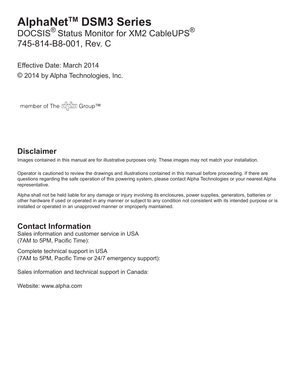 Alphanet, Dsm3 series, Docsis | Status monitor for xm2 cableups | Alpha Technologies DSM3 for XM2 - Technical Manual User Manual | Page 3 / 95