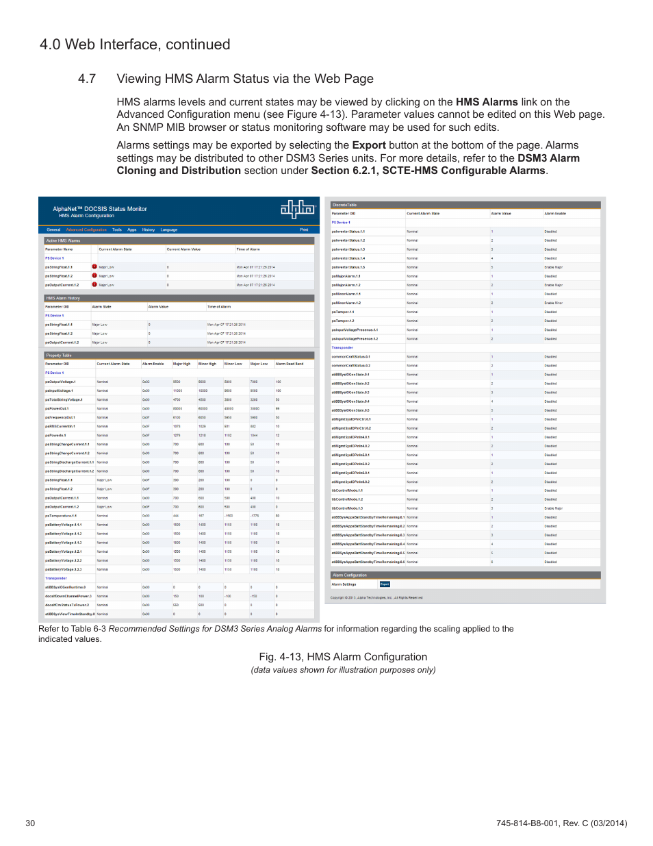 Fig. 4-13, hms alarm configuration, 0 web interface, continued | Alpha Technologies DSM3 for XM2 - Technical Manual User Manual | Page 30 / 95