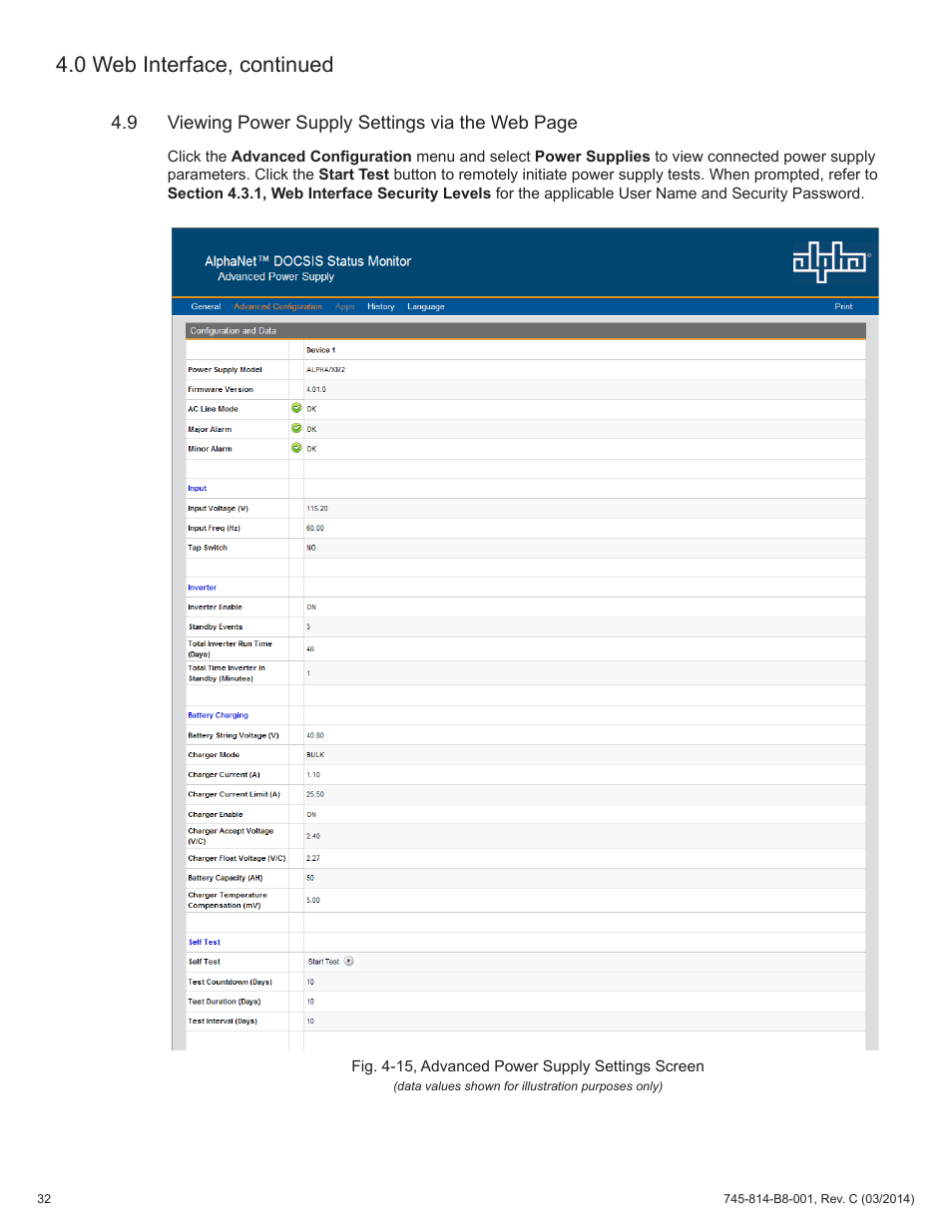 Fig. 4-15, advanced power supply settings screen, 0 web interface, continued | Alpha Technologies DSM3 for XM2 - Technical Manual User Manual | Page 32 / 95