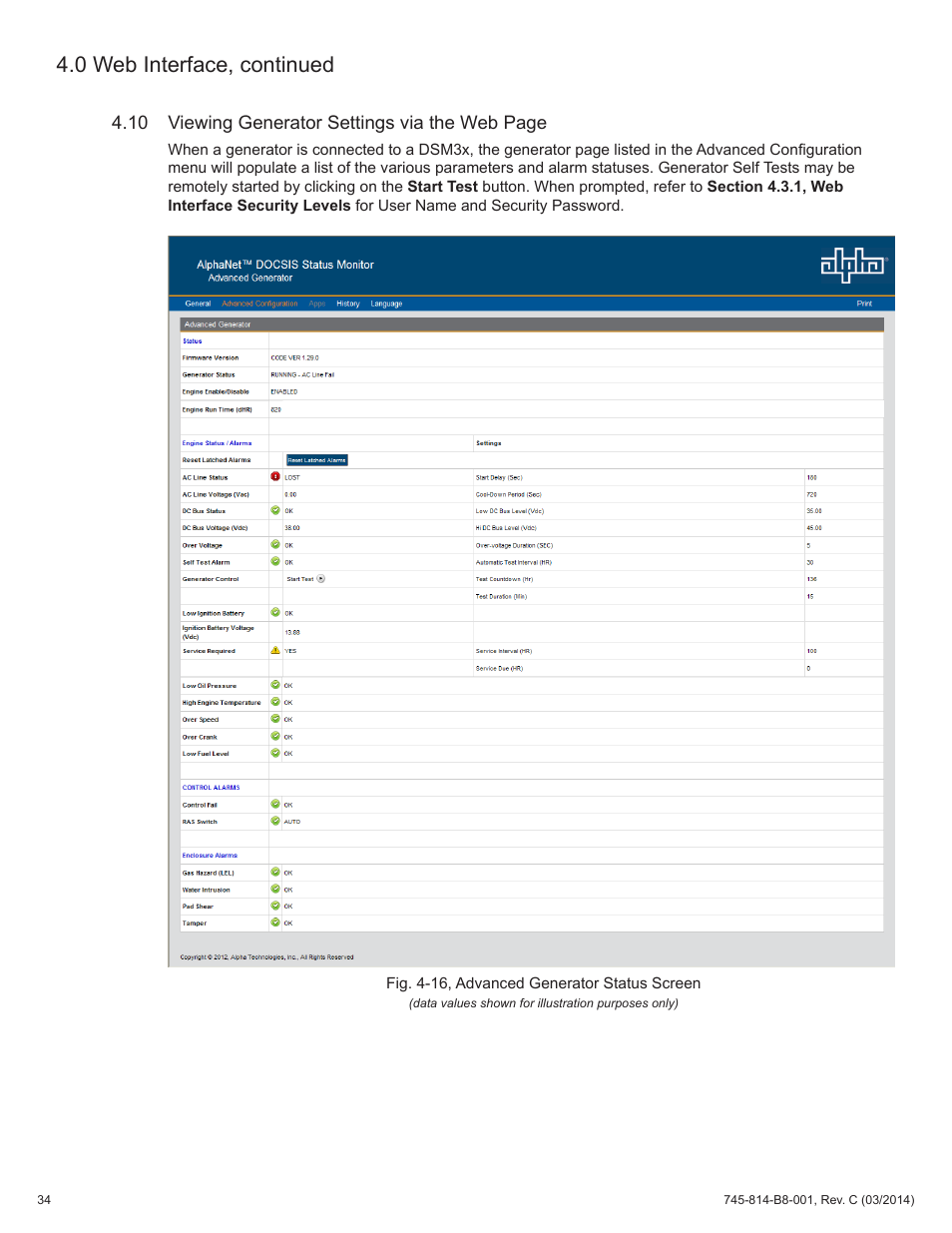 Fig. 4-16, advanced generator status screen, 0 web interface, continued | Alpha Technologies DSM3 for XM2 - Technical Manual User Manual | Page 34 / 95