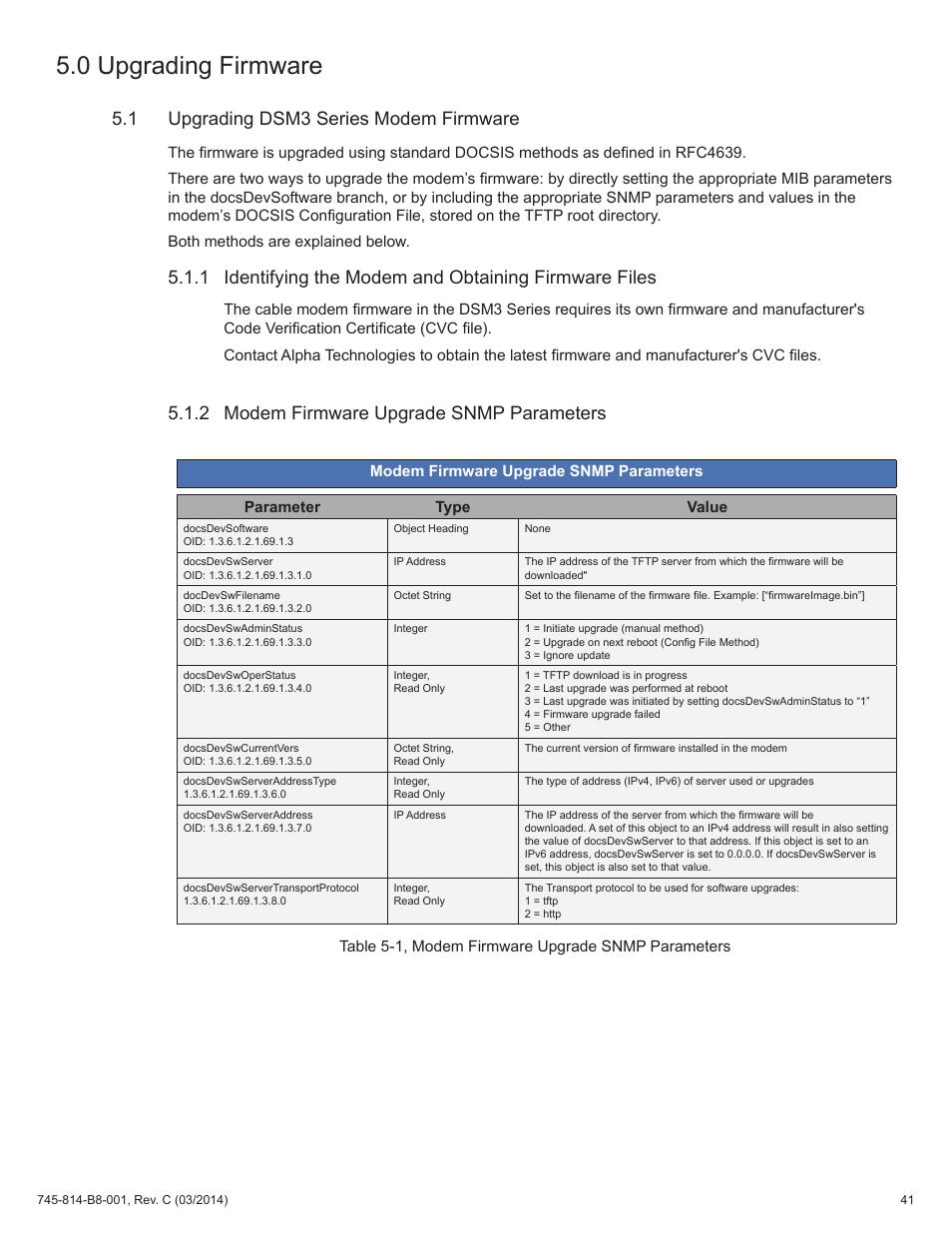 Table 5-1, modem firmware upgrade snmp parameters, 0 upgrading firmware, 1 upgrading dsm3 series modem firmware | 2 modem firmware upgrade snmp parameters | Alpha Technologies DSM3 for XM2 - Technical Manual User Manual | Page 41 / 95