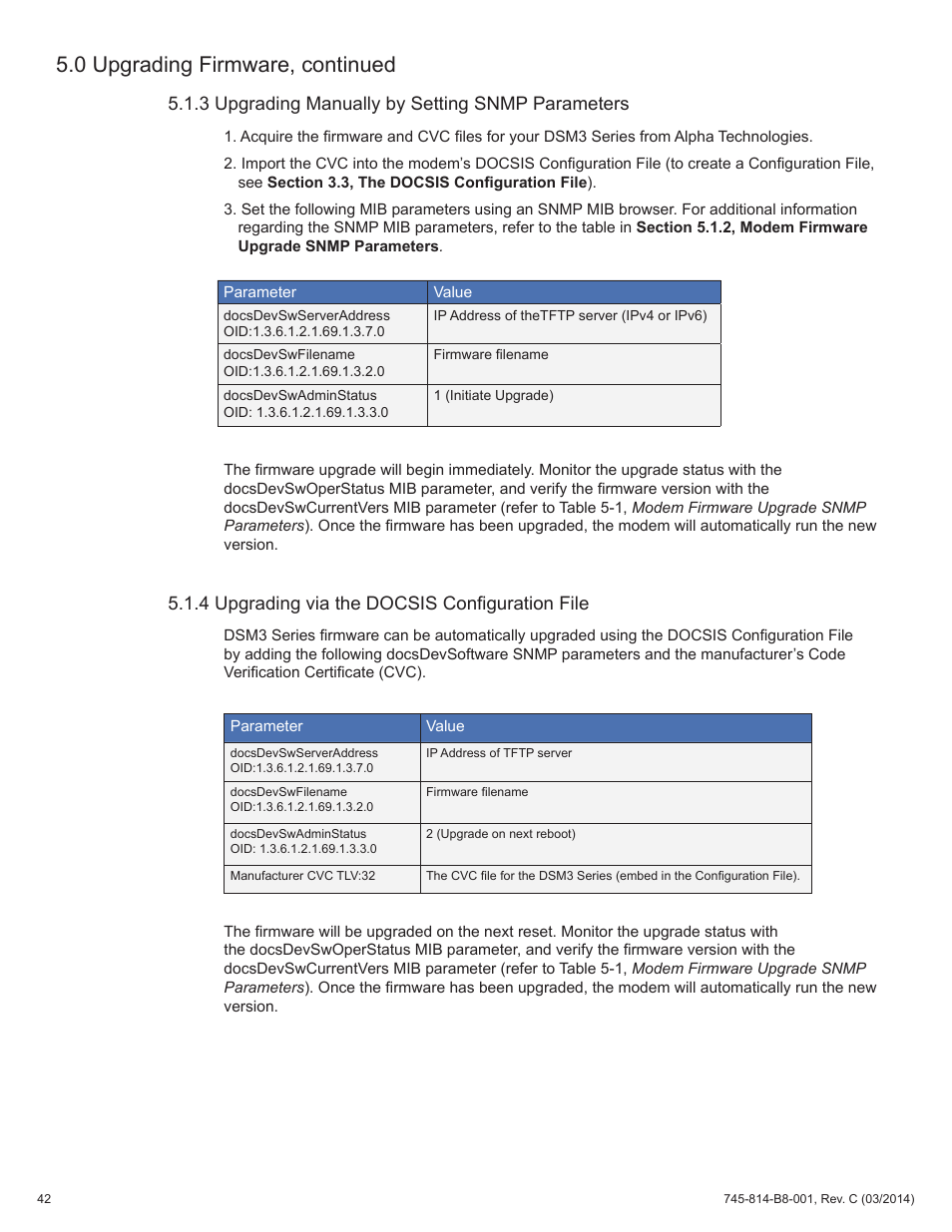 3 upgrading manually by setting snmp parameters, 4 upgrading via the docsis configuration file, 0 upgrading firmware, continued | Alpha Technologies DSM3 for XM2 - Technical Manual User Manual | Page 42 / 95