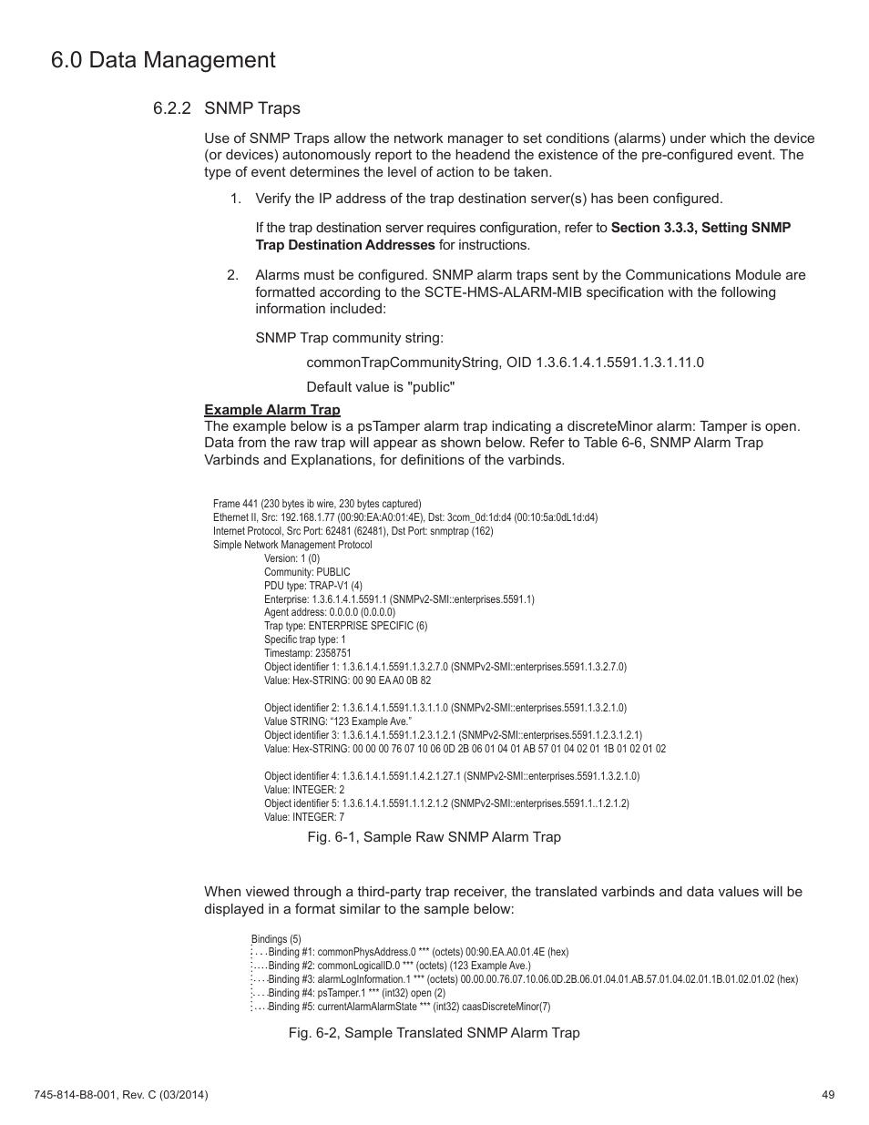 Fig. 6-1, sample raw snmp alarm trap, Fig. 6-2, sample translated snmp alarm trap, 2 snmp traps | 0 data management | Alpha Technologies DSM3 for XM2 - Technical Manual User Manual | Page 49 / 95