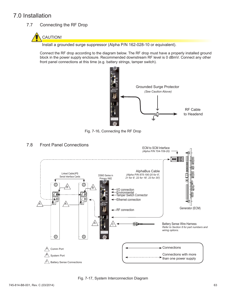 Fig. 7-15, connecting the rf drop, Fig. 7-16, system interconnection diagram, 7 connecting the rf drop | 8 front panel connections, Fig. 7-16, connecting the rf drop, Fig. 7-17, system interconnection diagram, 0 installation | Alpha Technologies DSM3 for XM2 - Technical Manual User Manual | Page 63 / 95