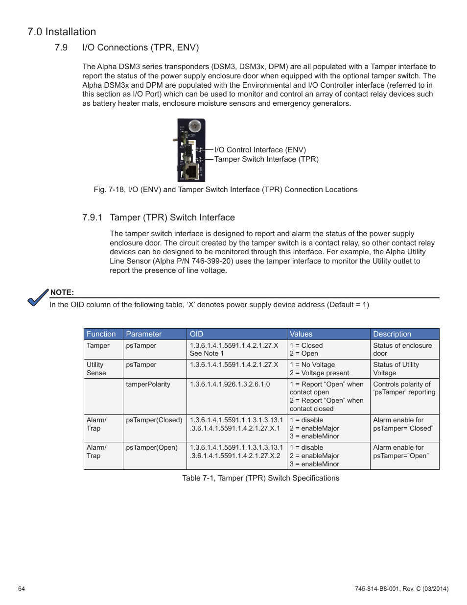 Table 7-1, tamper (tpr) switch specifications, 9 i/o connections (tpr, env), 1 tamper (tpr) switch interface | 0 installation | Alpha Technologies DSM3 for XM2 - Technical Manual User Manual | Page 64 / 95