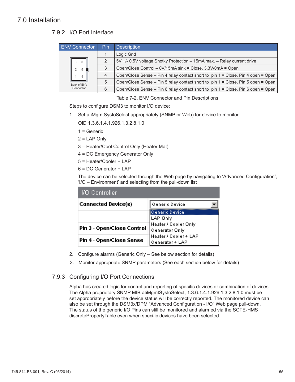 Table 7-2, env connector and pin descriptions, 2 i/o port interface, 3 configuring i/o port connections | 0 installation | Alpha Technologies DSM3 for XM2 - Technical Manual User Manual | Page 65 / 95