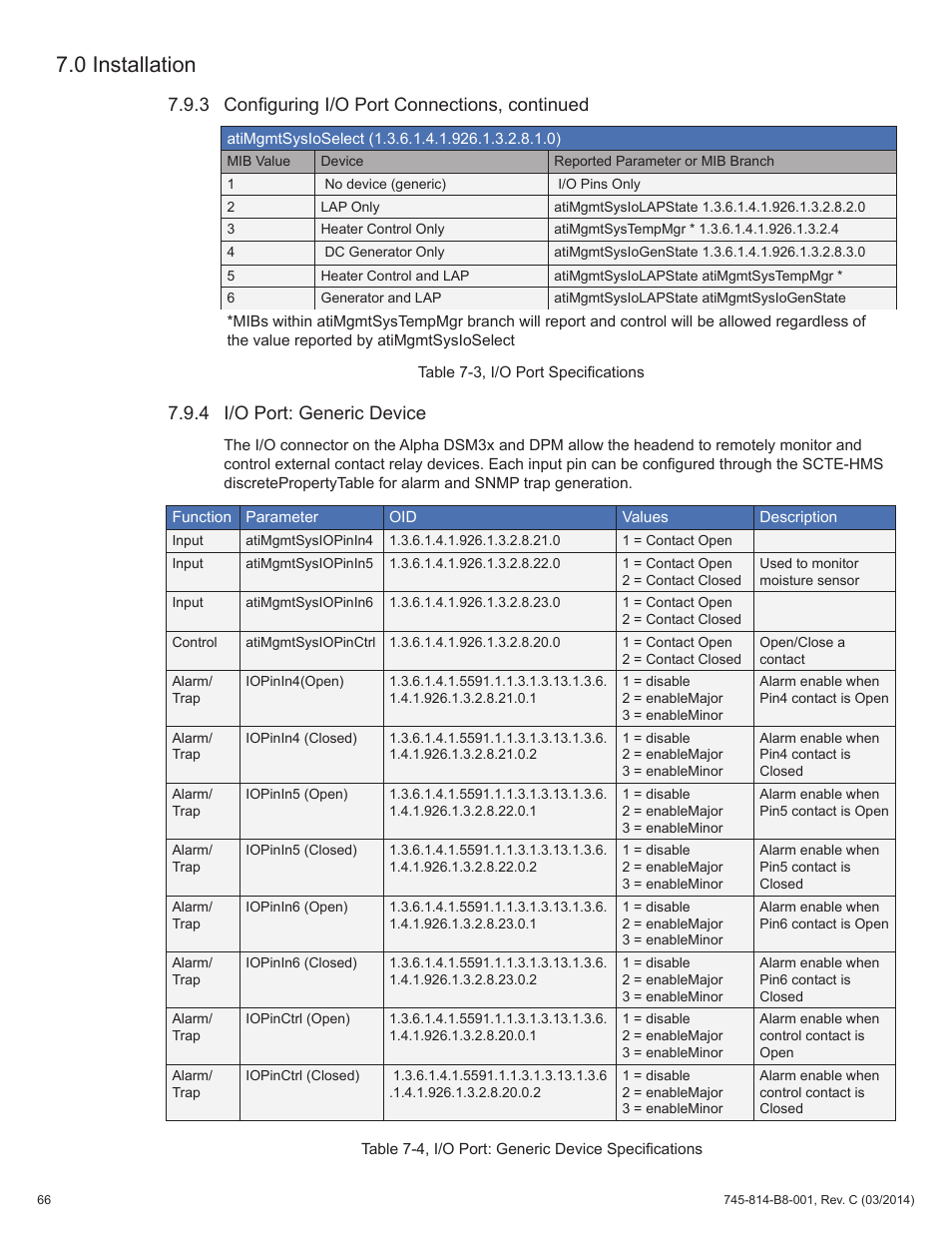 Table 7-3, i/o port specifications, Table 7-4, i/o port: generic device specifications, 3 configuring i/o port connections, continued | 4 i/o port: generic device, 0 installation | Alpha Technologies DSM3 for XM2 - Technical Manual User Manual | Page 66 / 95