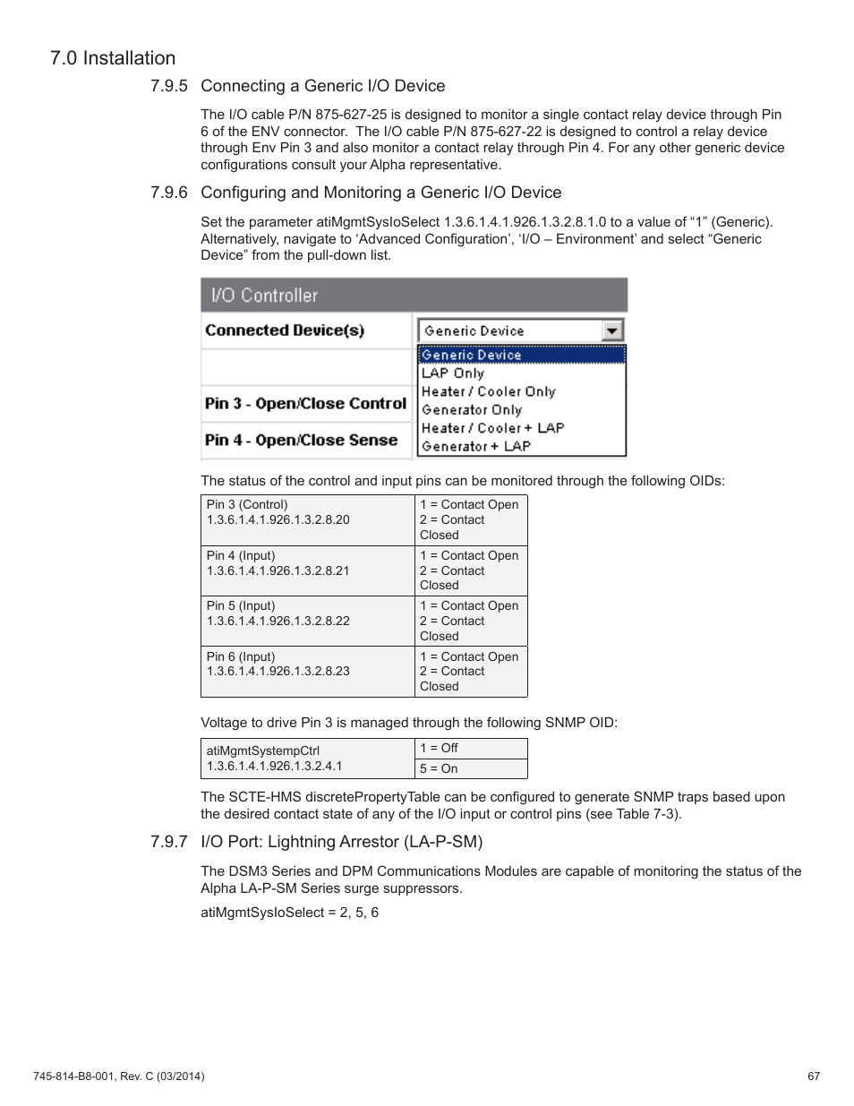 5 connecting a generic i/o device, 6 configuring and monitoring a generic i/o device, 7 i/o port: lightning arrestor (la-p-sm) | 0 installation | Alpha Technologies DSM3 for XM2 - Technical Manual User Manual | Page 67 / 95