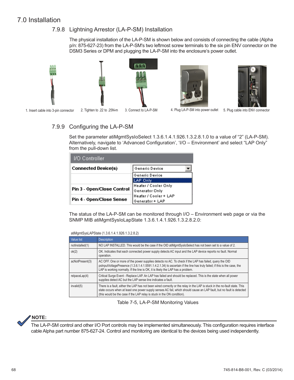 Table 7-5, la-p-sm monitoring values, 8 lightning arrestor (la-p-sm) installation, 9 configuring the la-p-sm | 0 installation | Alpha Technologies DSM3 for XM2 - Technical Manual User Manual | Page 68 / 95
