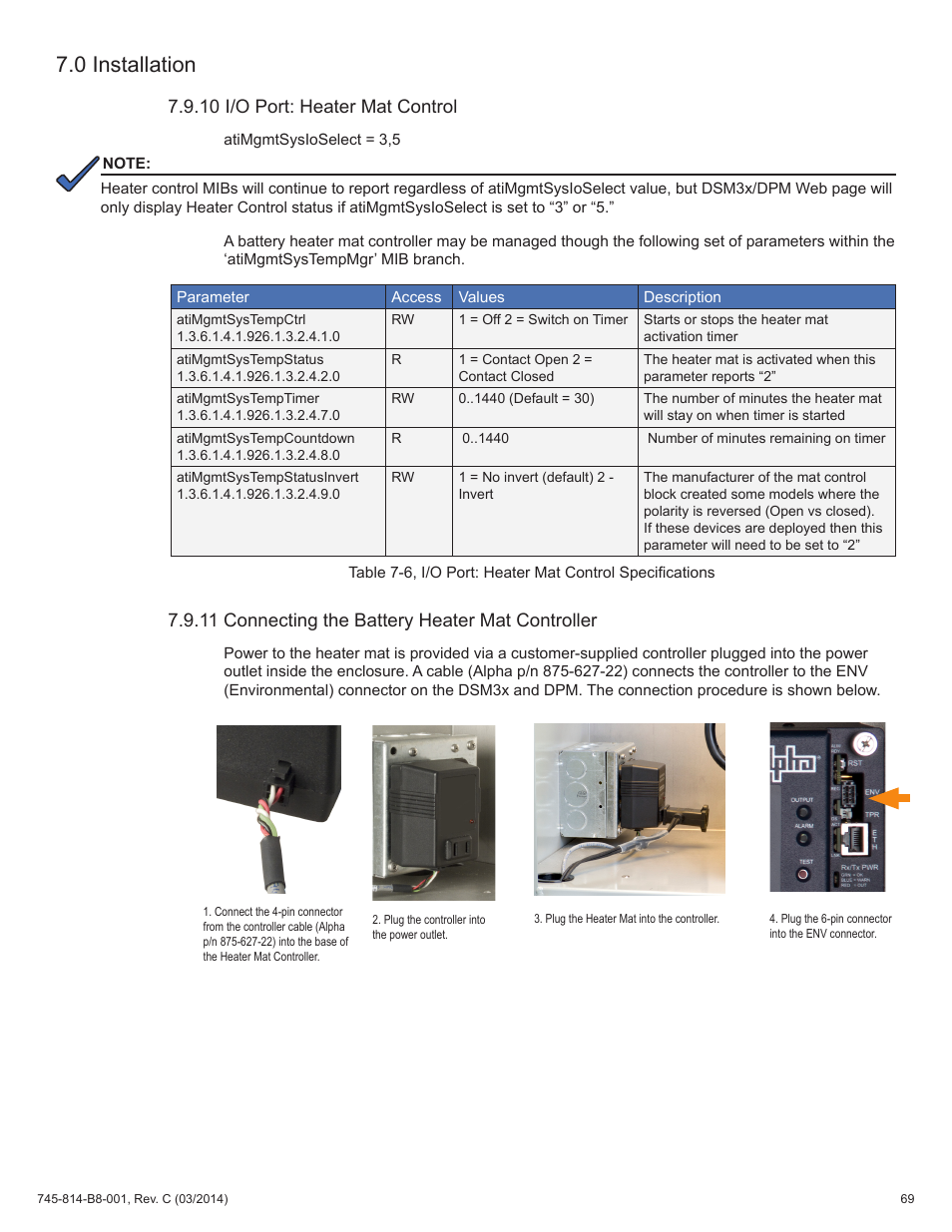 10 i/o port: heater mat control, 11 connecting the battery heater mat controller, 0 installation | Alpha Technologies DSM3 for XM2 - Technical Manual User Manual | Page 69 / 95