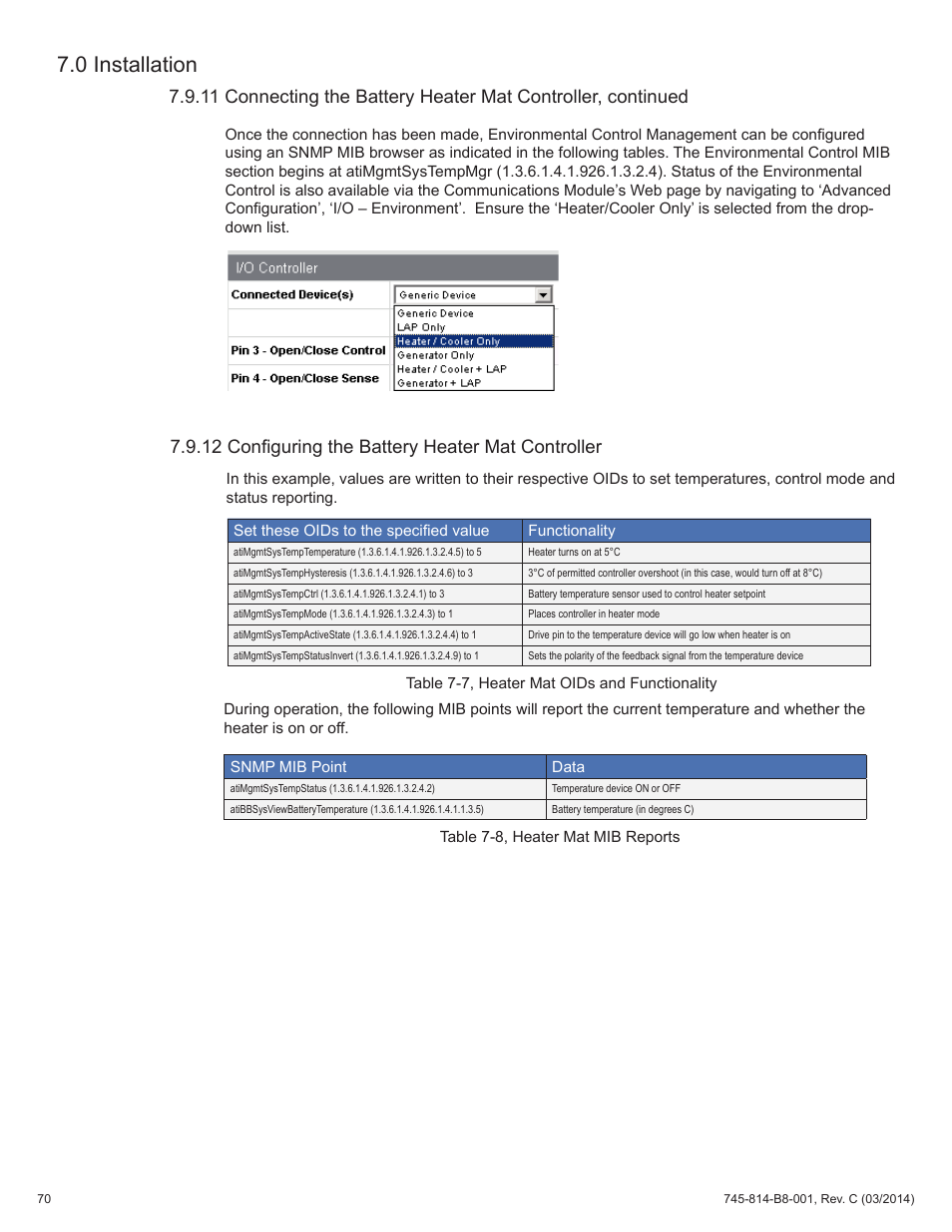 Table 7-7, heater mat oids and functionality, Table 7-8, heater mat mib reports, 12 configuring the battery heater mat controller | 0 installation | Alpha Technologies DSM3 for XM2 - Technical Manual User Manual | Page 70 / 95
