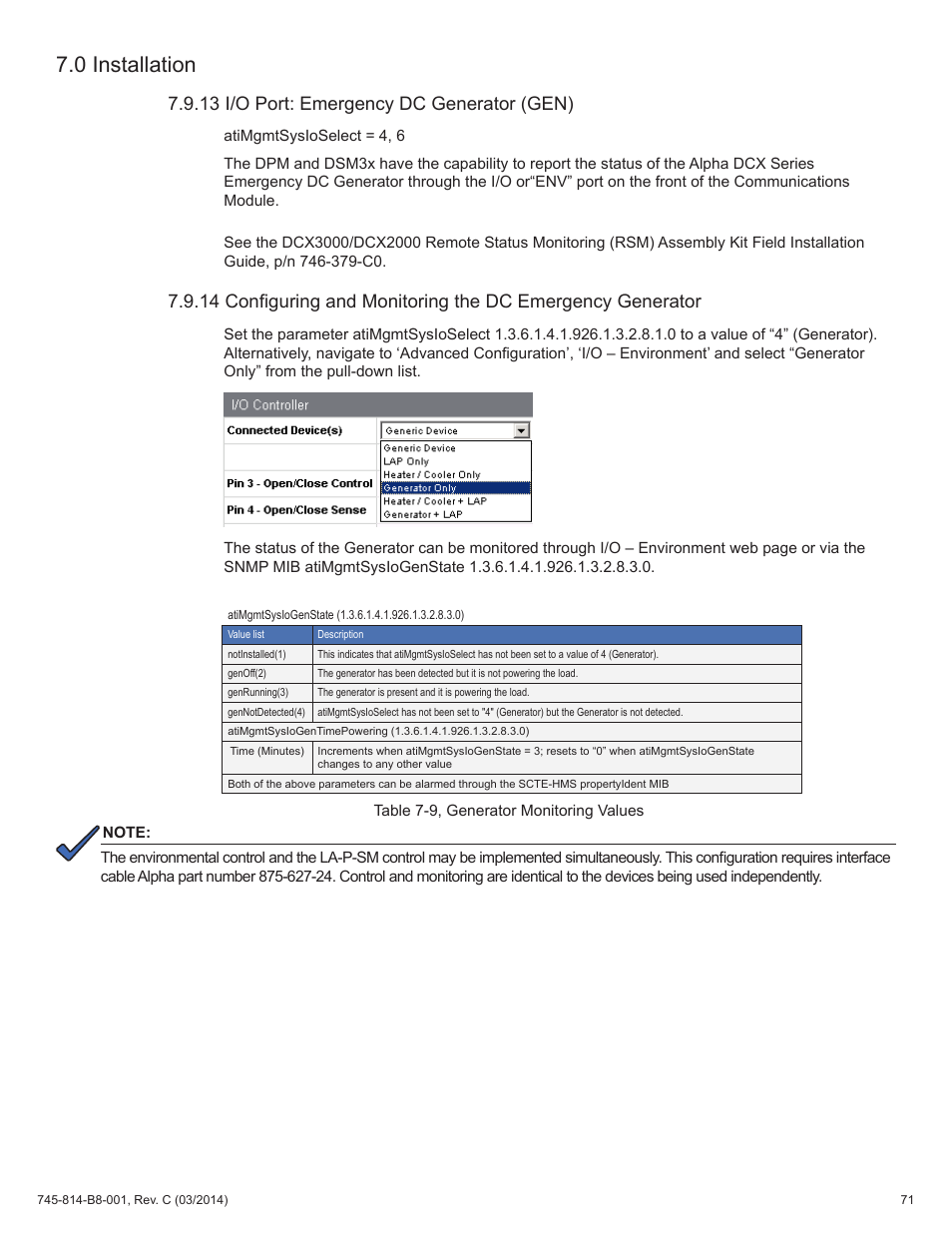 Table 7-9, generator monitoring values, 13 i/o port: emergency dc generator (gen), 0 installation | Alpha Technologies DSM3 for XM2 - Technical Manual User Manual | Page 71 / 95