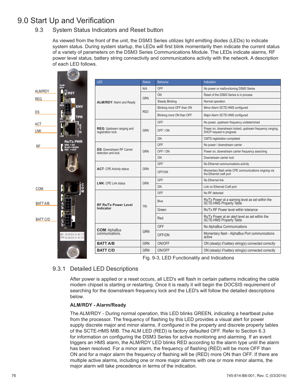 Fig. 9-3, led functionality and indications, 3 system status indicators and reset button, 1 detailed led descriptions | 0 start up and verification | Alpha Technologies DSM3 for XM2 - Technical Manual User Manual | Page 76 / 95