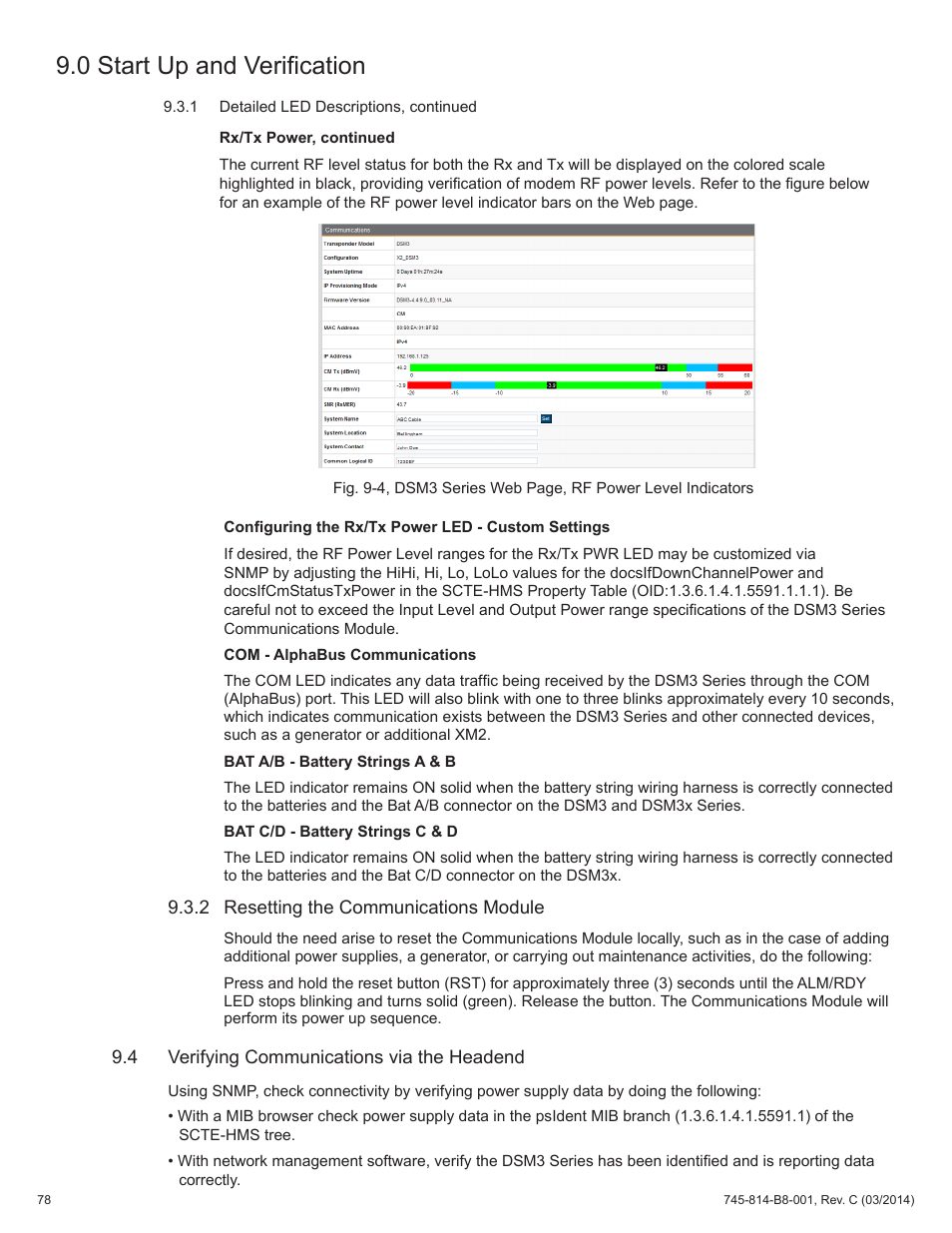 2 resetting the communications module, 4 verifying communications via the headend, 0 start up and verification | Alpha Technologies DSM3 for XM2 - Technical Manual User Manual | Page 78 / 95