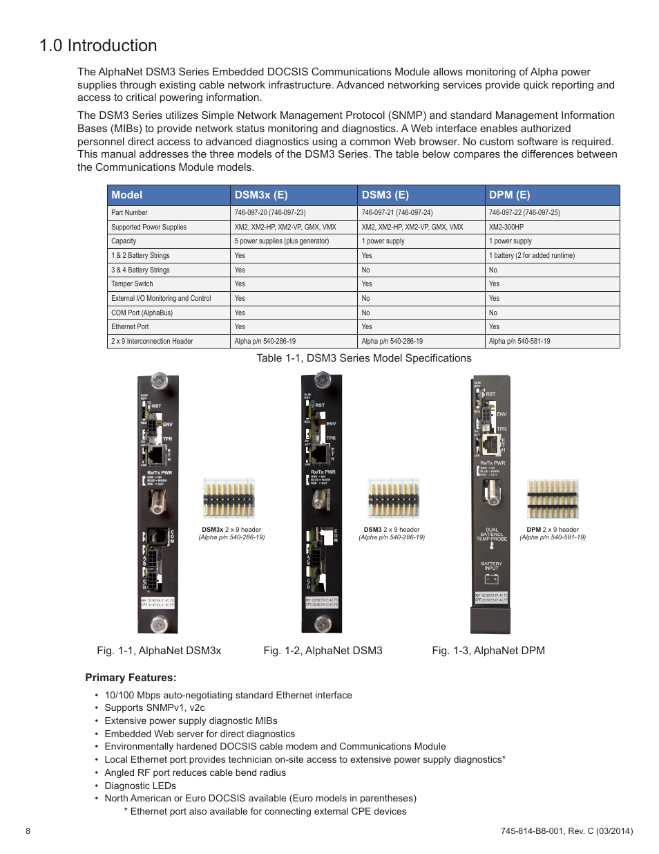 Fig. 1-1, alphanet dsm3x, Fig. 1-2, alphanet dsm3, Fig. 1-3, alphanet dpm | Table 1-1, dsm3 series model specifications, 0 introduction | Alpha Technologies DSM3 for XM2 - Technical Manual User Manual | Page 8 / 95