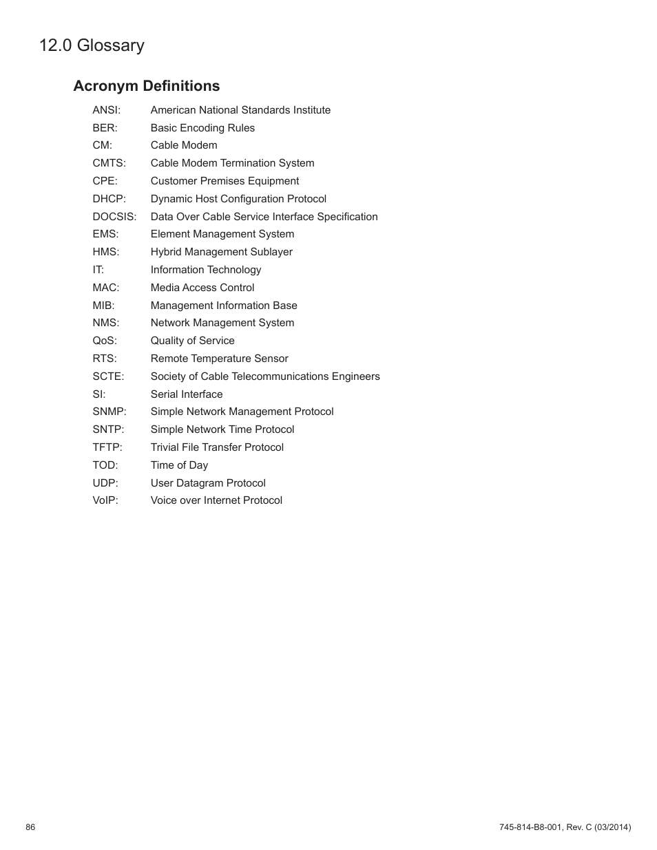 0 glossary, Acronym definitions | Alpha Technologies DSM3 for XM2 - Technical Manual User Manual | Page 86 / 95