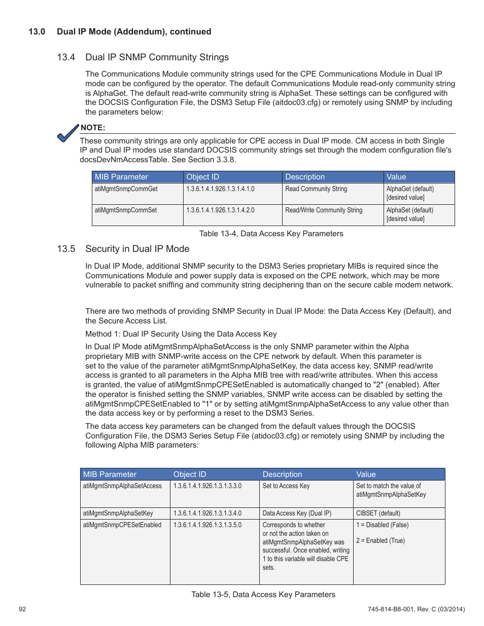 Table 13-5, data access key parameters, 4 dual ip snmp community strings, 5 security in dual ip mode | Table 13-4, data access key parameters | Alpha Technologies DSM3 for XM2 - Technical Manual User Manual | Page 92 / 95