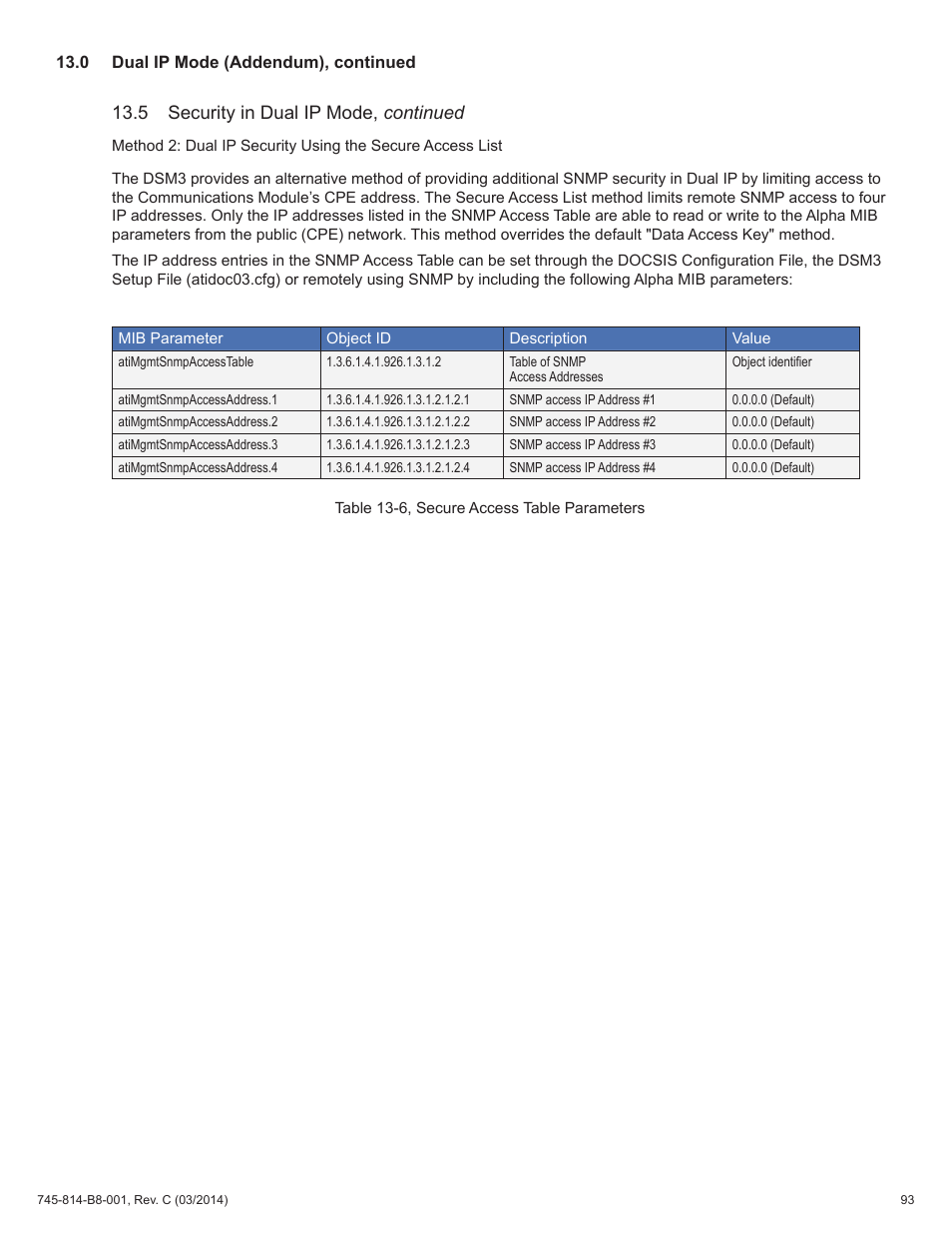 Table 13-6, secure access table parameters, 5 security in dual ip mode, continued | Alpha Technologies DSM3 for XM2 - Technical Manual User Manual | Page 93 / 95