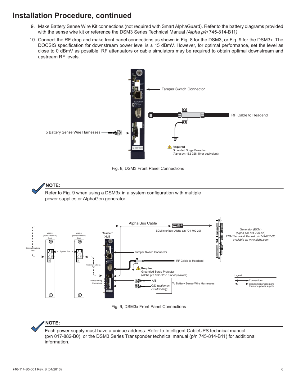 Installation procedure, continued, Fig. 8, dsm3 front panel connections, Fig. 9, dsm3x front panel connections | Alpha Technologies DSM3 for XM3 - Quick Start Guide User Manual | Page 6 / 7