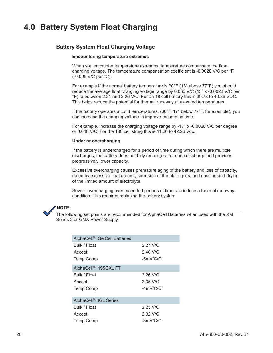 0 battery system float charging | Alpha Technologies AlphaCell GelCell User Manual | Page 20 / 32