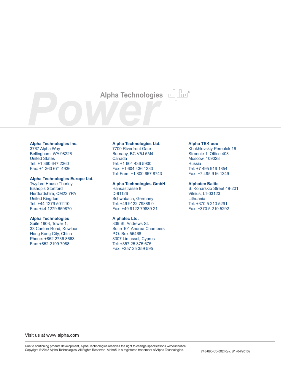 Power, Alpha technologies | Alpha Technologies AlphaCell GelCell User Manual | Page 32 / 32