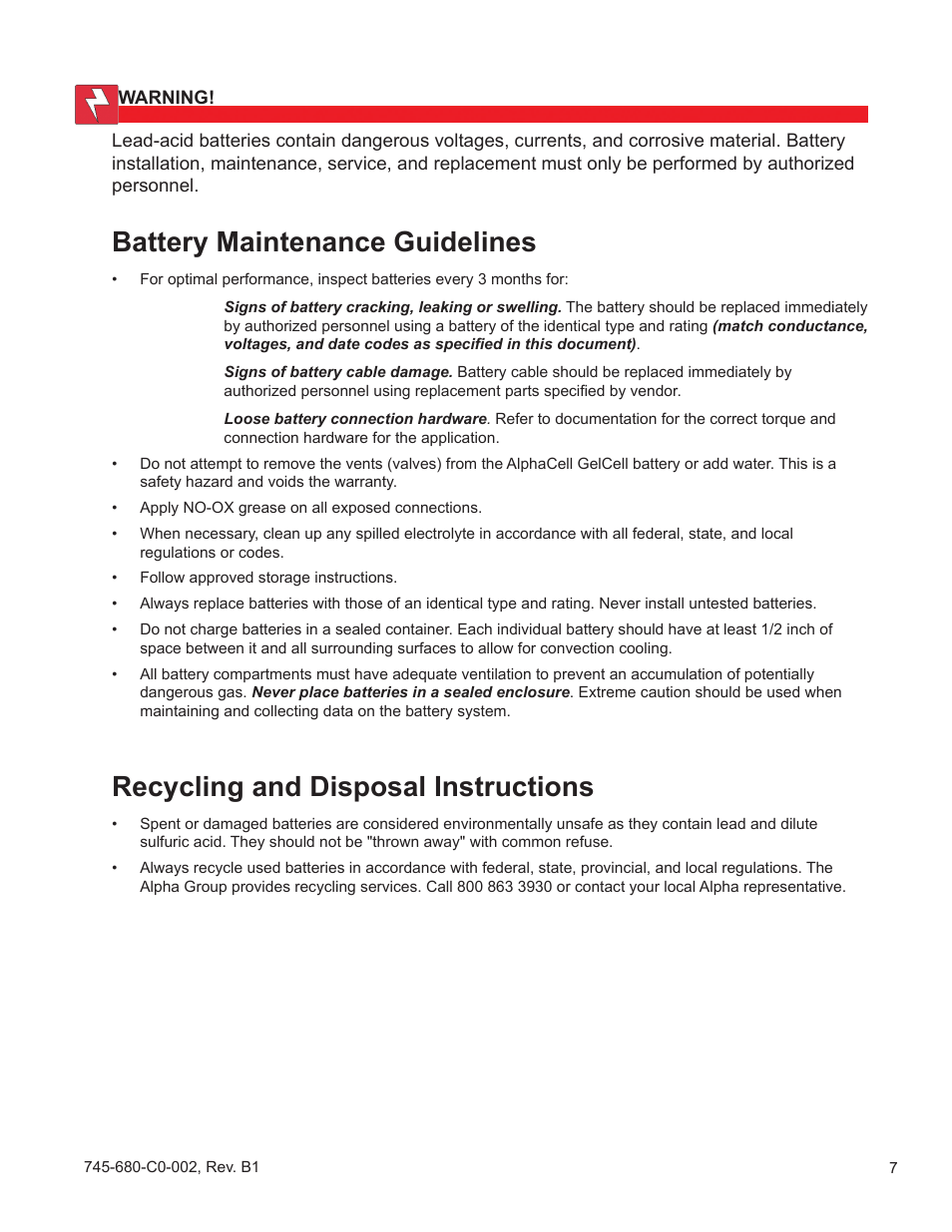 Battery maintenance guidelines, Recycling and disposal instructions | Alpha Technologies AlphaCell GelCell User Manual | Page 7 / 32