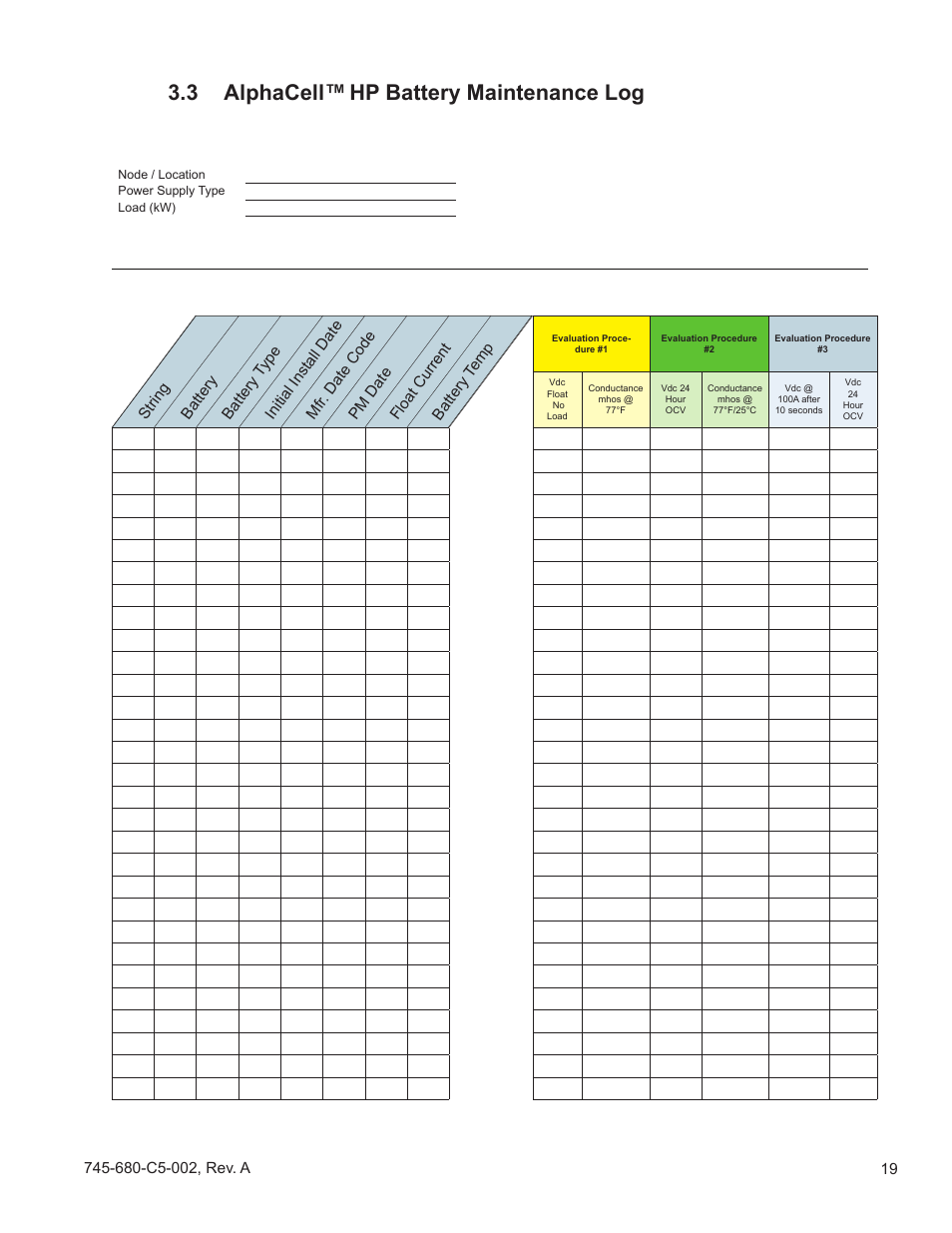 3 alphacell, Hp battery maintenance log | Alpha Technologies AlphaCell HP User Manual | Page 19 / 32