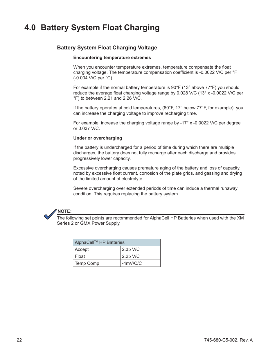 0 battery system float charging | Alpha Technologies AlphaCell HP User Manual | Page 22 / 32