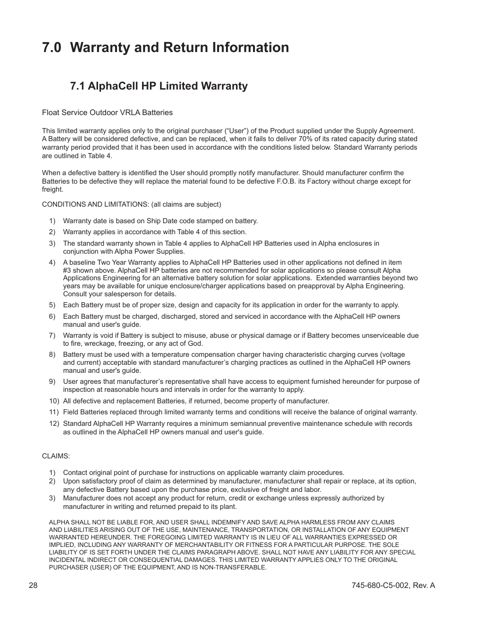 0 warranty and return information, 1 alphacell hp limited warranty | Alpha Technologies AlphaCell HP User Manual | Page 28 / 32