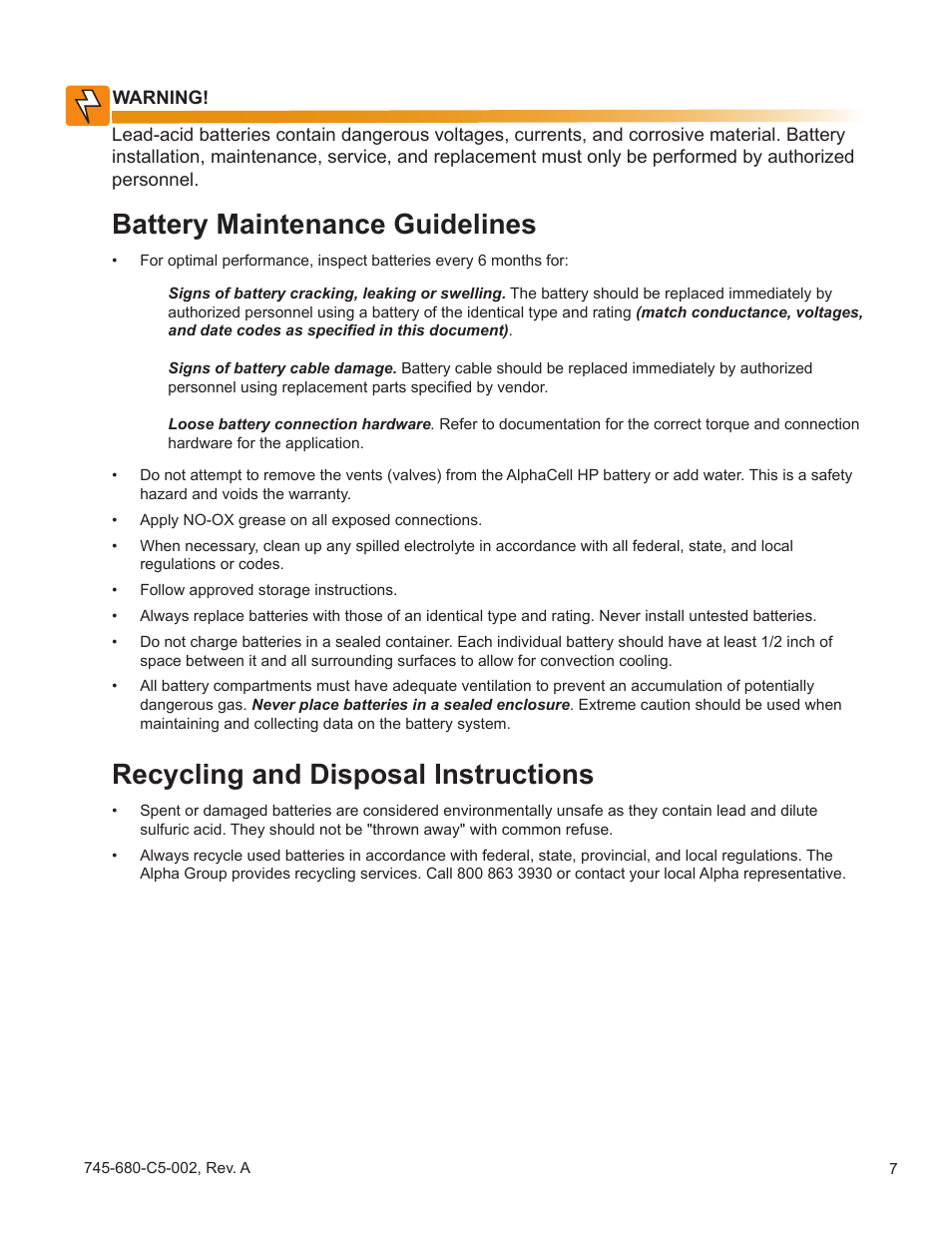 Battery maintenance guidelines, Recycling and disposal instructions | Alpha Technologies AlphaCell HP User Manual | Page 7 / 32