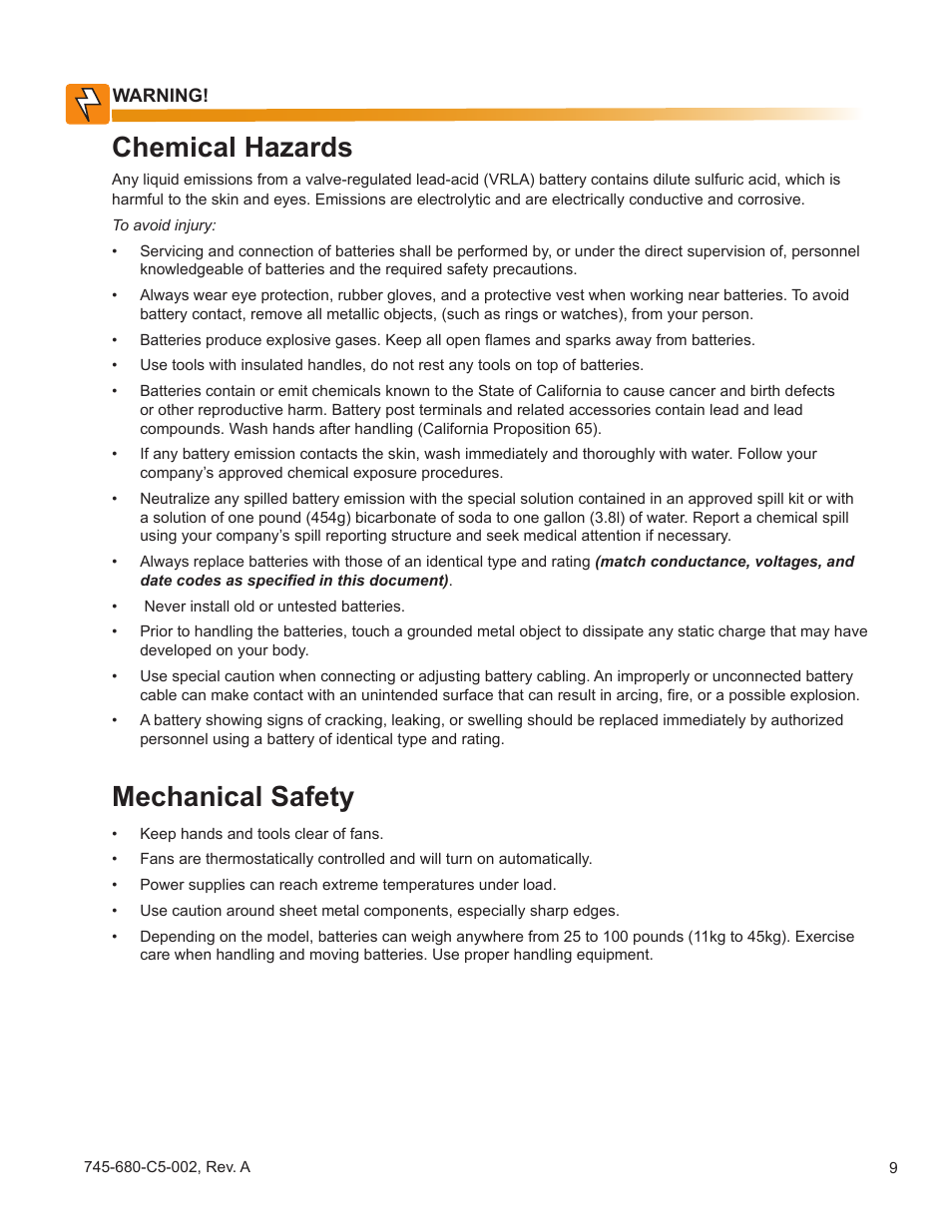 Chemical hazards, Mechanical safety | Alpha Technologies AlphaCell HP User Manual | Page 9 / 32
