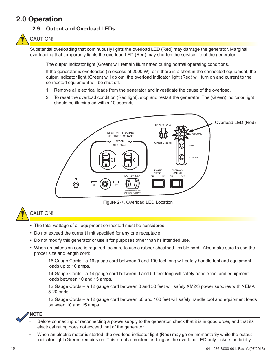 0 operation, 9 output and overload leds, Caution | Alpha Technologies AlphaGen ACX2000i 120V - Operator's Manual User Manual | Page 16 / 38