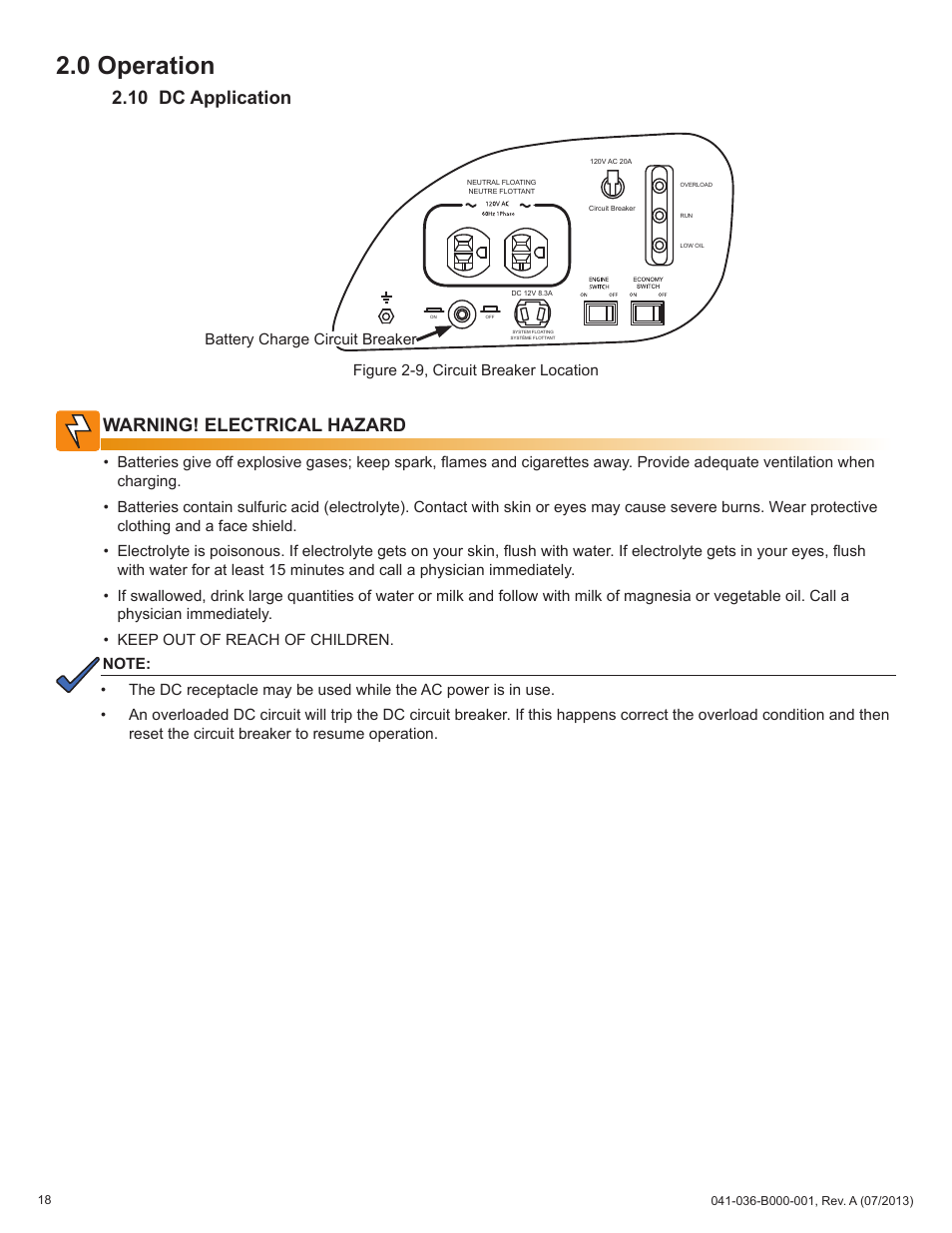 0 operation, Warning! electrical hazard, 10 dc application | Alpha Technologies AlphaGen ACX2000i 120V - Operator's Manual User Manual | Page 18 / 38